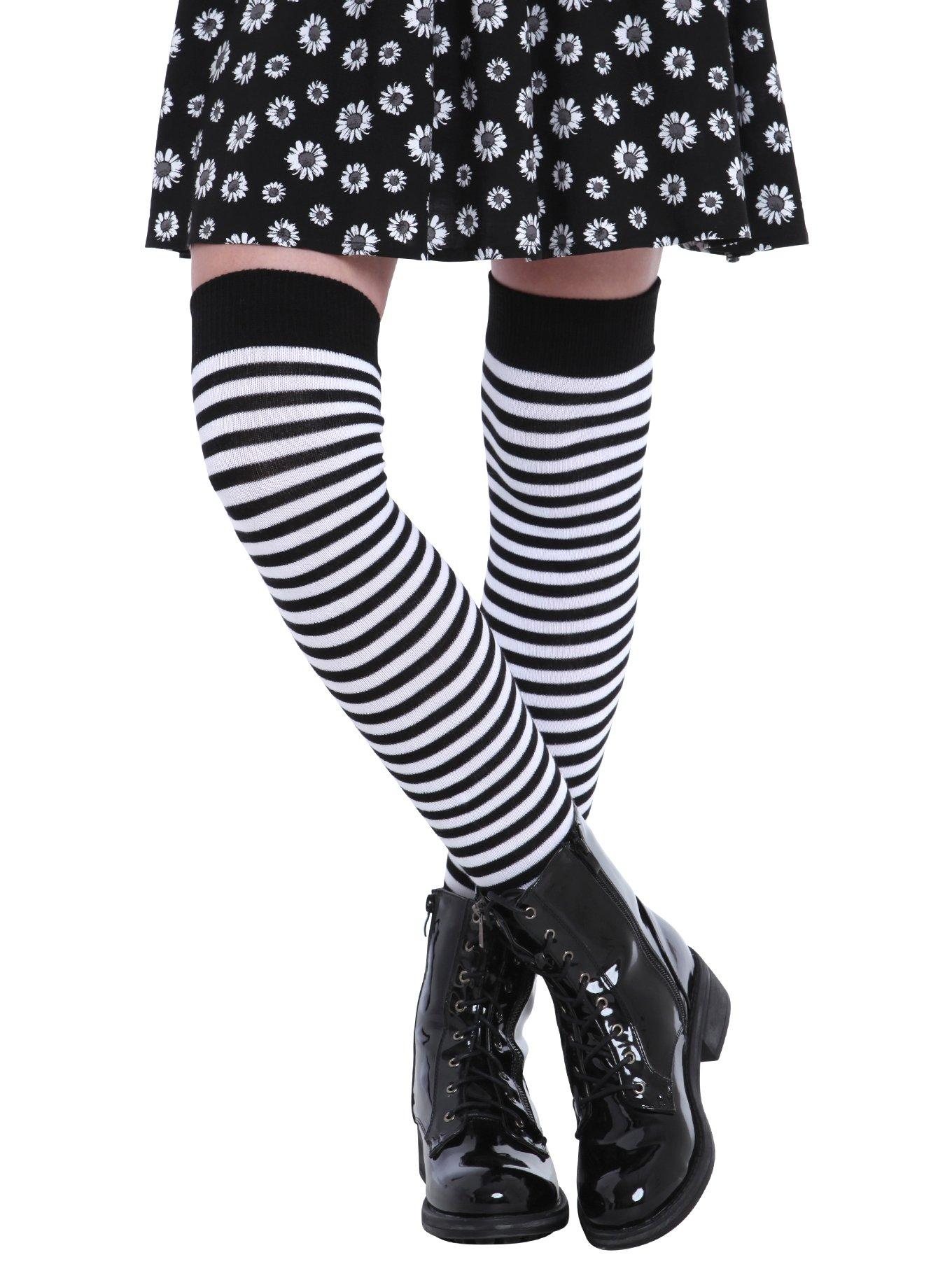 LOVEsick Black & White Striped Over-The-Knee Socks, , hi-res