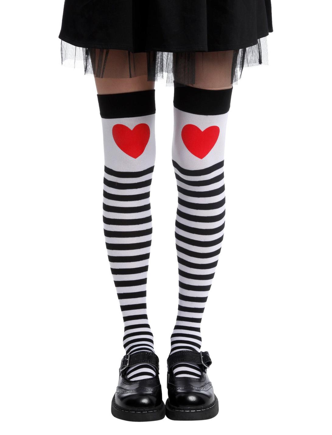 LOVEsick Black & White Striped Heart Thigh Highs, , hi-res
