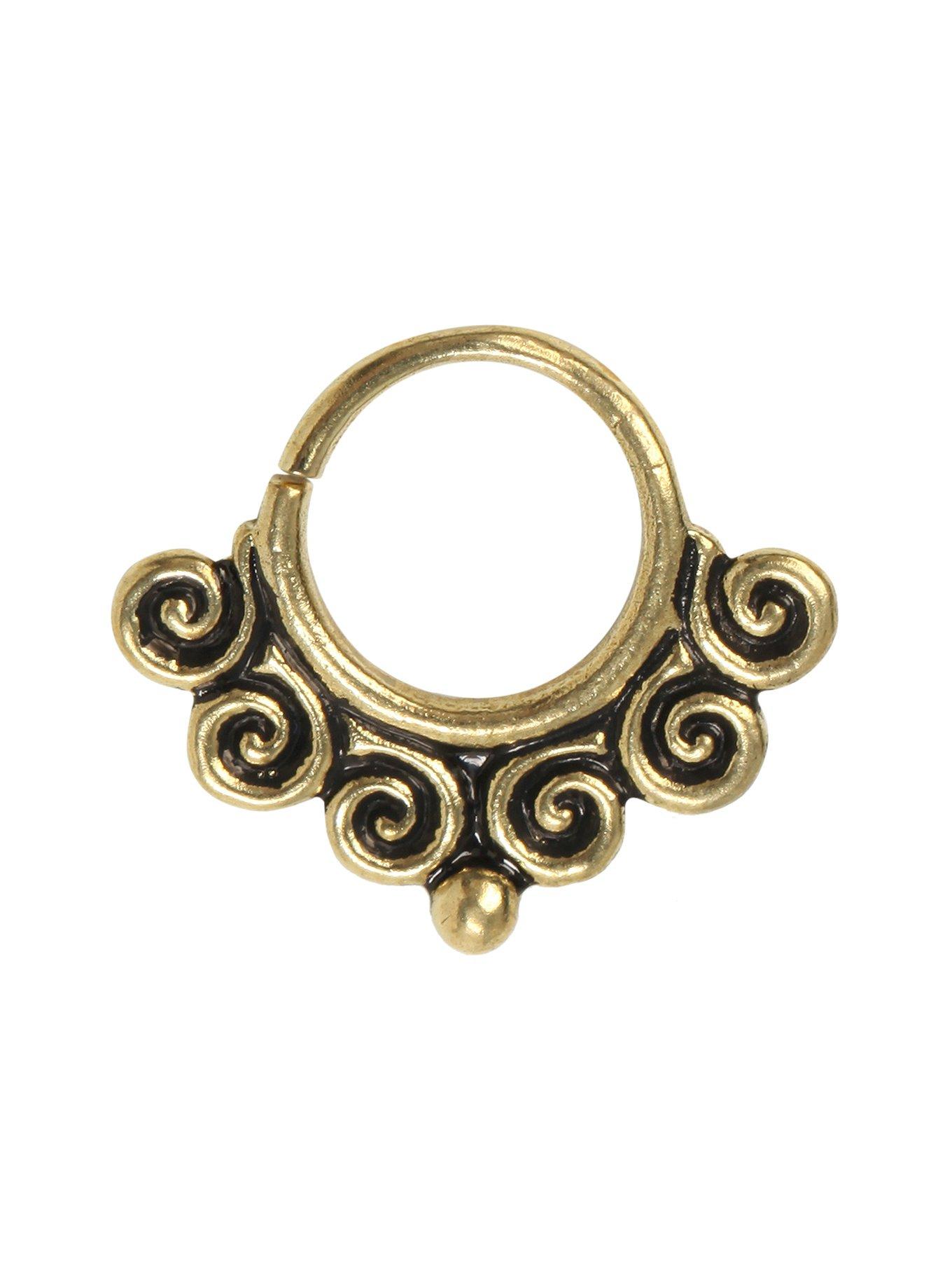 Steel Brass Tone Ornate Swirl Septum Ring, GOLD, hi-res