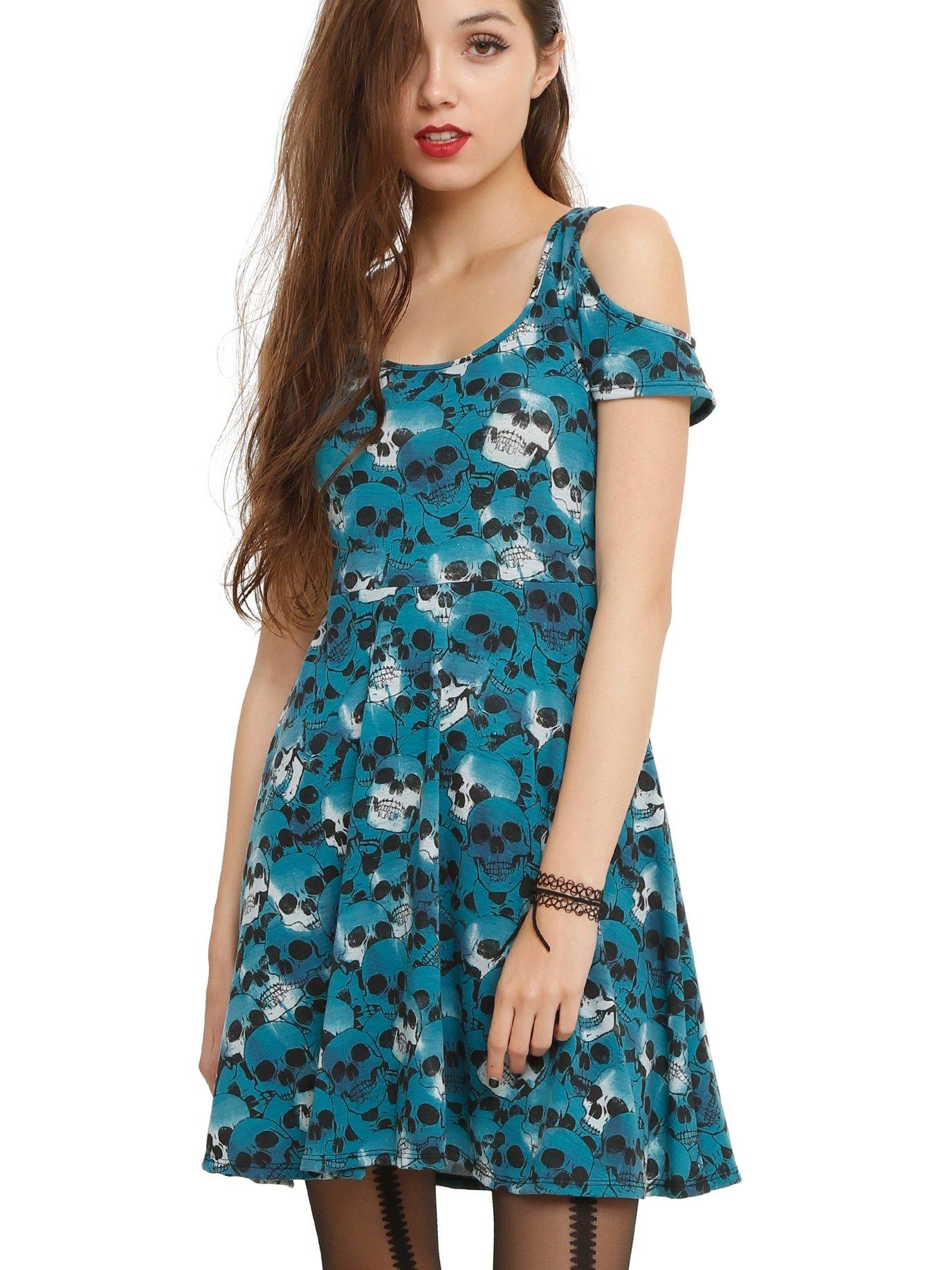 Blue Skull Cold Shoulder Dress, BLACK, hi-res