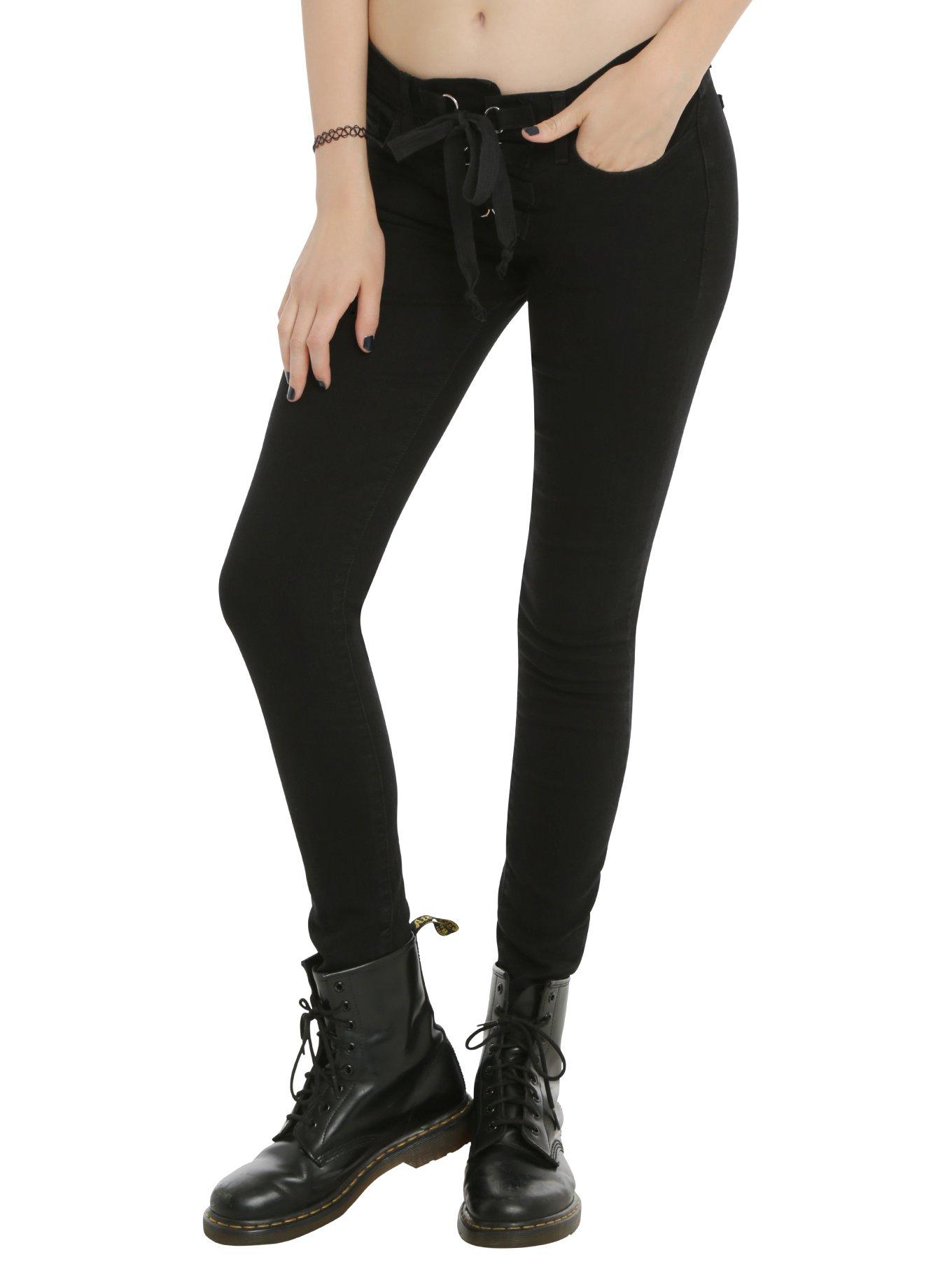 Judy Blue Black Lace-Up Front Skinny Jeans, BLACK, hi-res