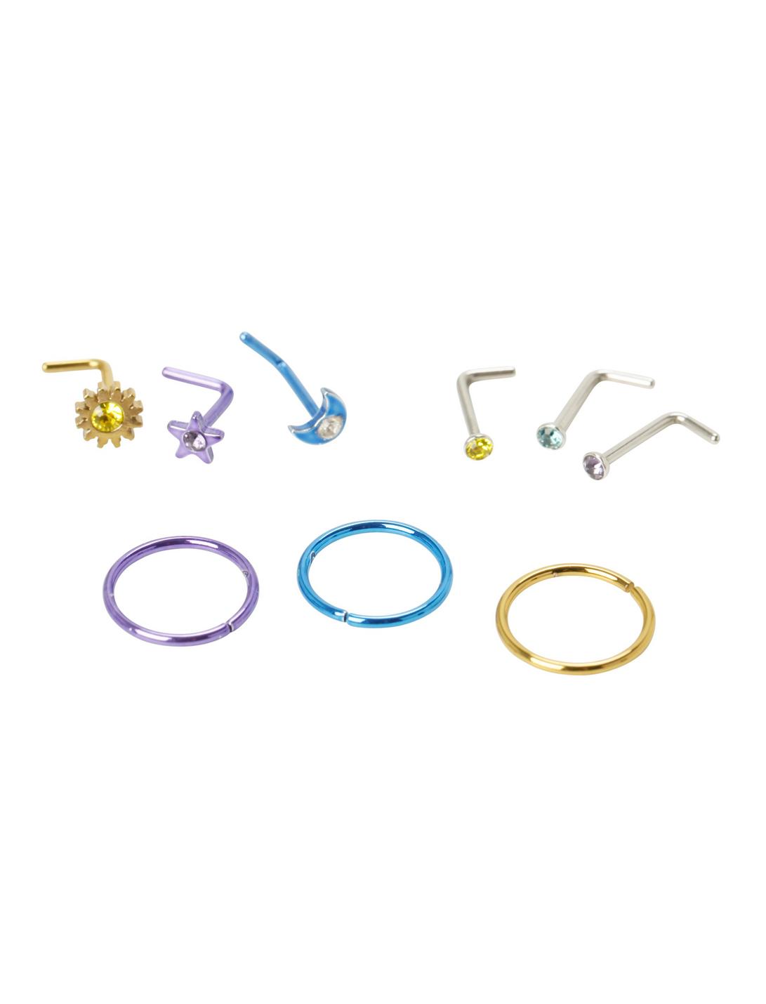 Gold Purple Blue Celestial Nose Stud & Hoop 9 Pack, , hi-res