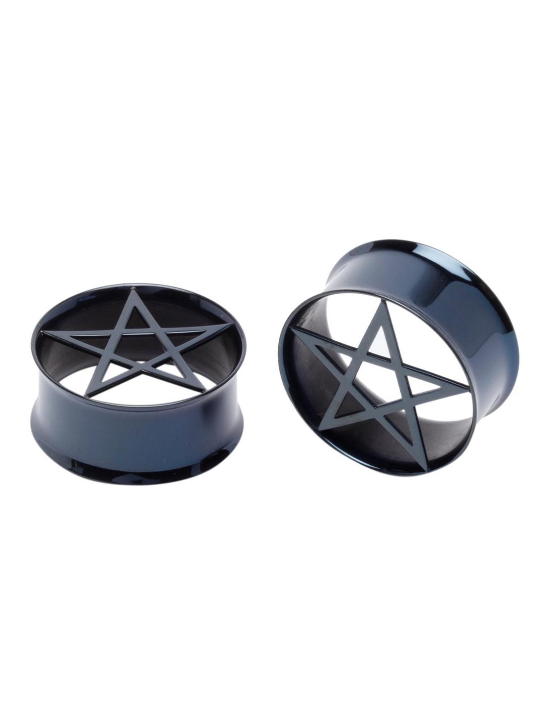 Steel Black Pentagram Cut-Out Double Flare Plug 2 Pack, BLACK, hi-res