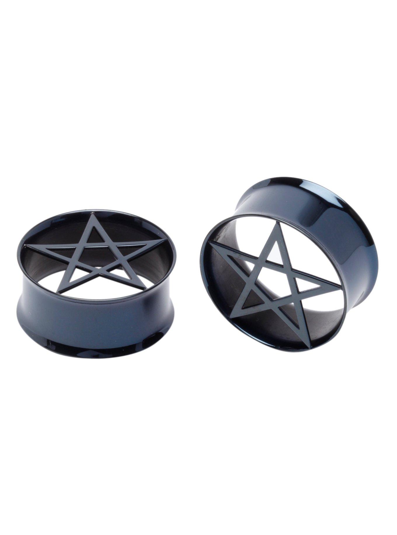 Steel Black Pentagram Cut-Out Double Flare Plug 2 Pack, BLACK, hi-res