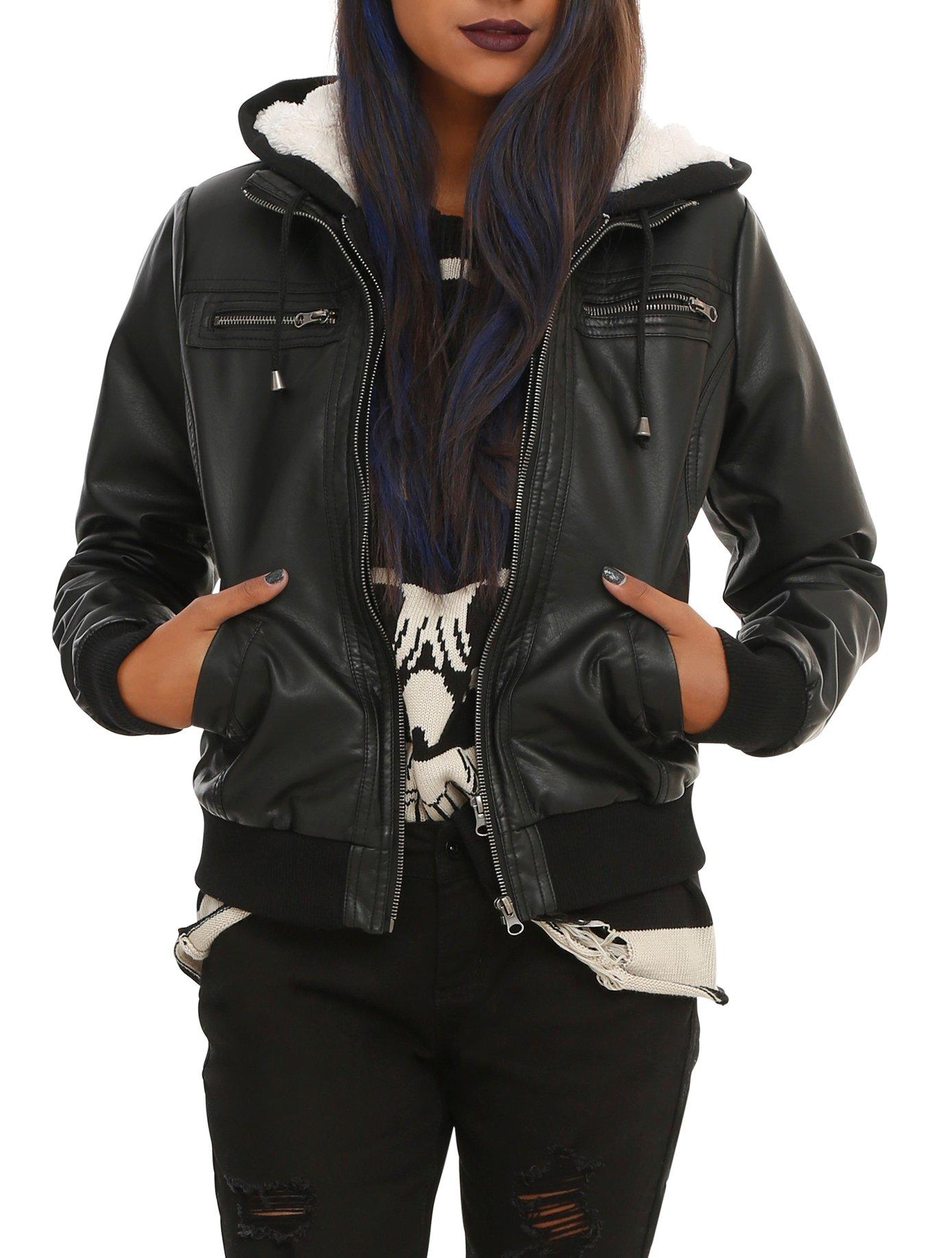 Faux Leather Sherpa Hooded Jacket Hot Topic