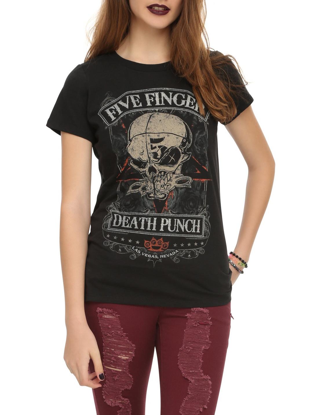 Five Finger Death Punch Rivet Skull Girls T-Shirt, BLACK, hi-res