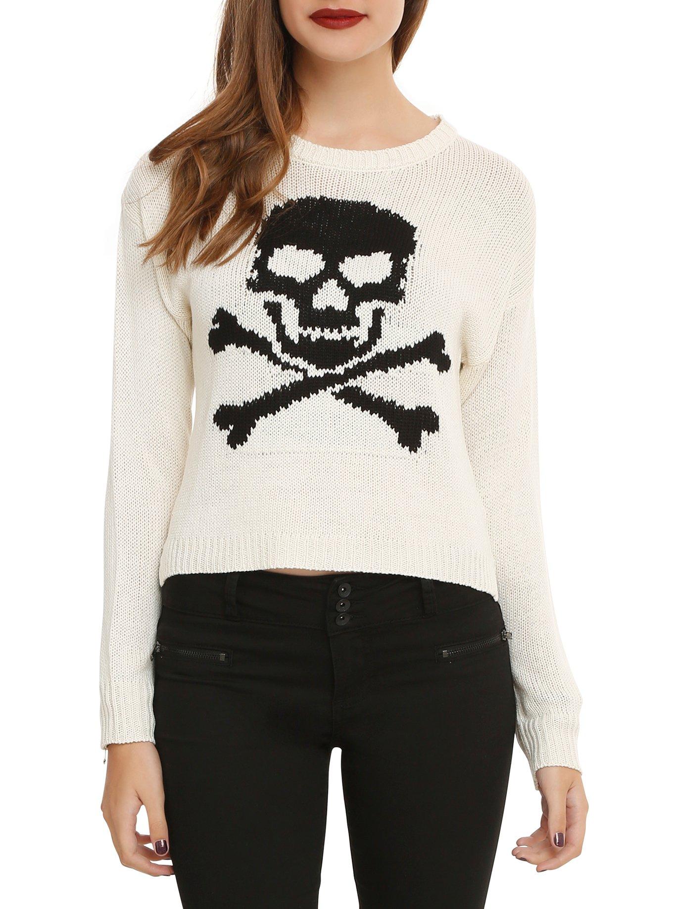 Skull & Crossbones Cropped Sweater, IVORY, hi-res