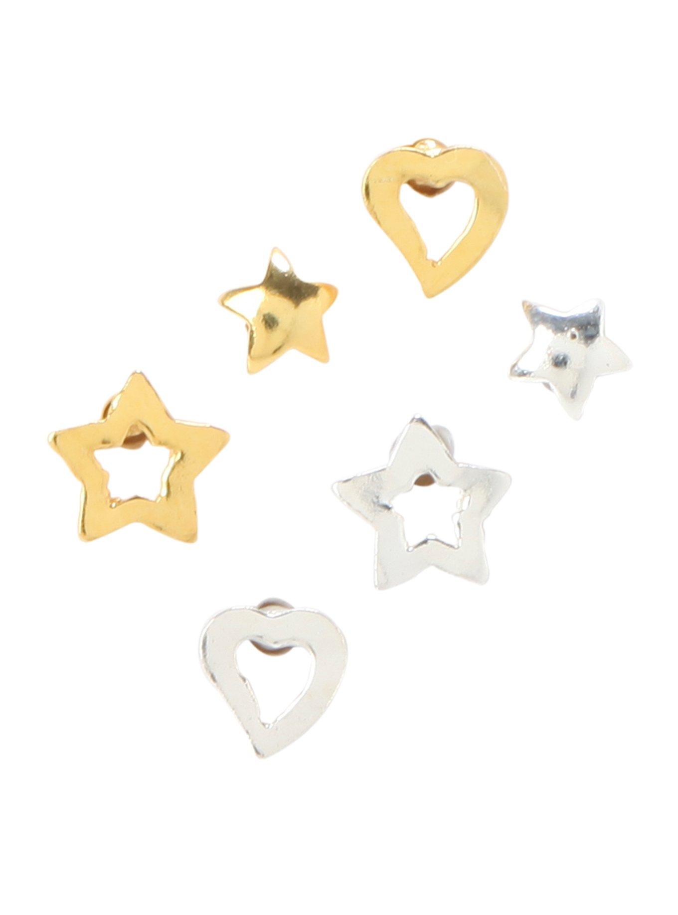 Sterling Silver Gold Tone Star Heart Nose Stud 6 Pack, GOLD, hi-res