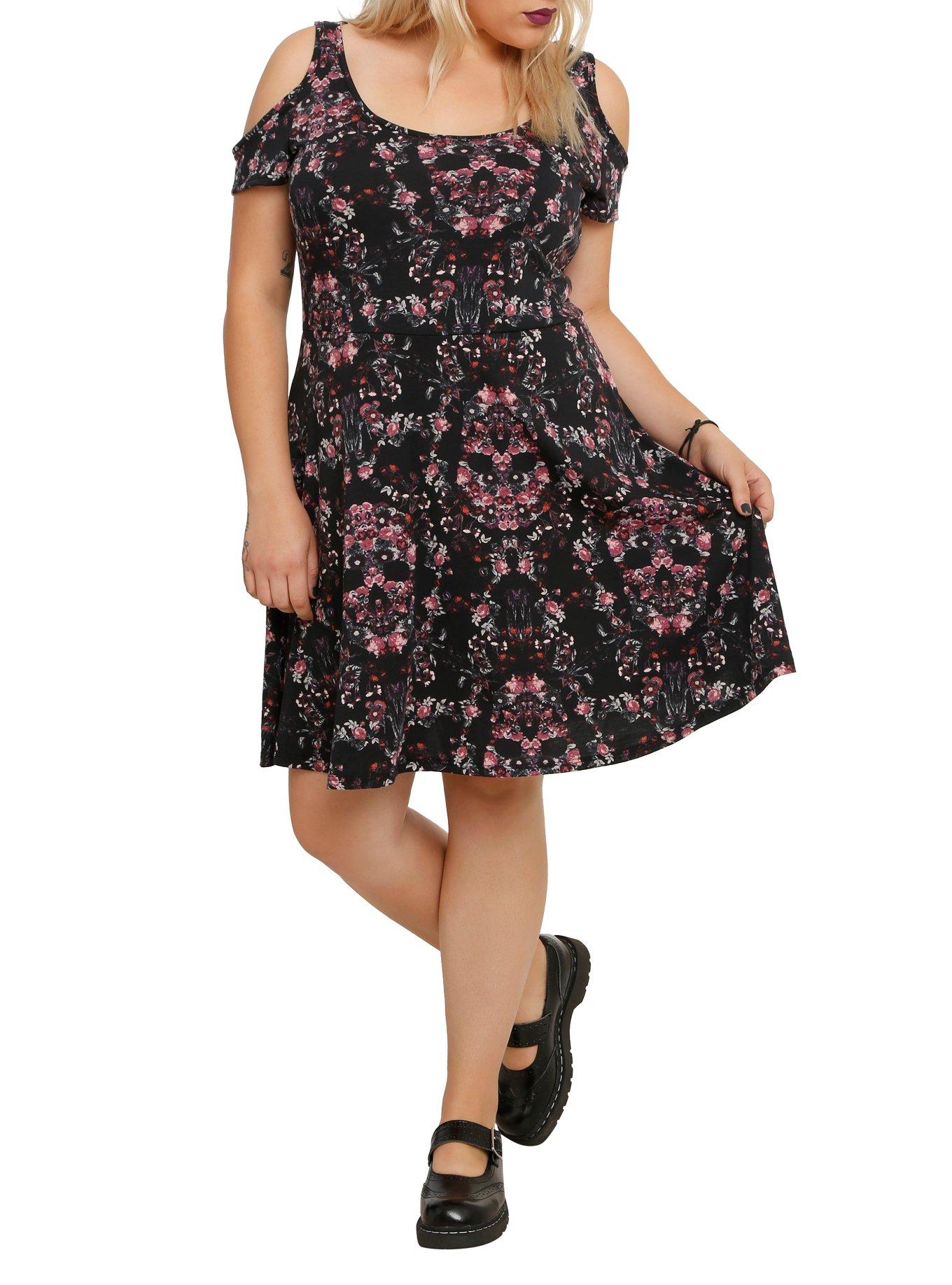 Floral Skull Cold Shoulder Dress, BLACK, hi-res