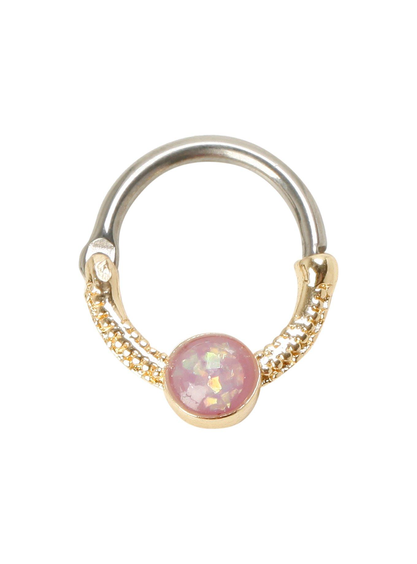 Steel Gold Opal Stone Septum Ring, GOLD, hi-res