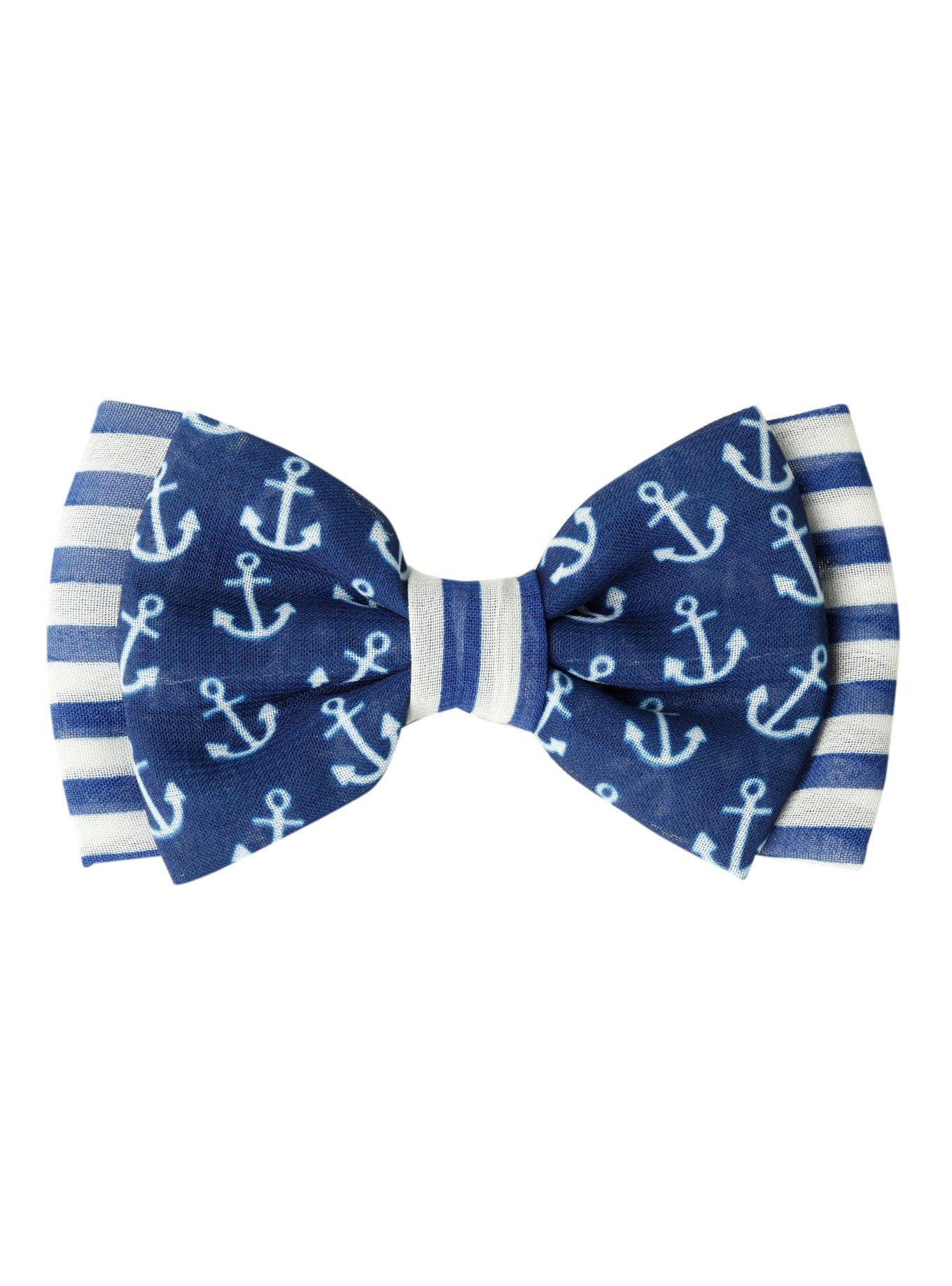 Blue & White Anchor & Stripes Hair Bow, , hi-res