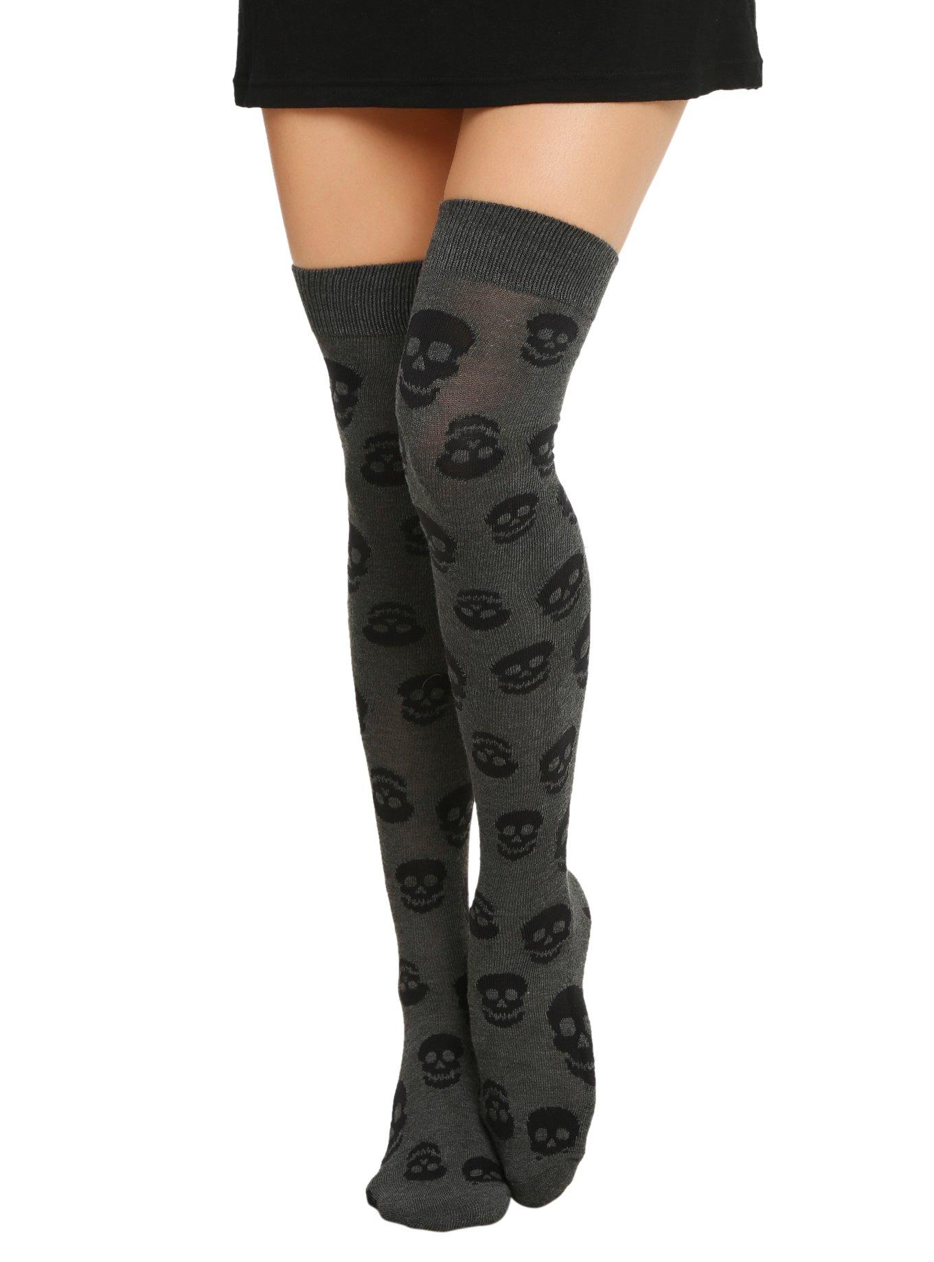 LOVEsick Grey & Black Skulls Over-The-Knee Socks, , hi-res