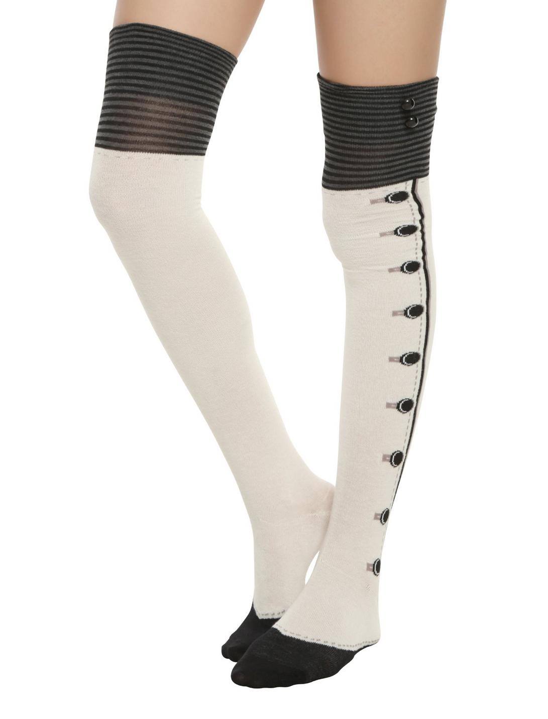 Black Cream Button Cuff Over-The-Knee Socks, , hi-res