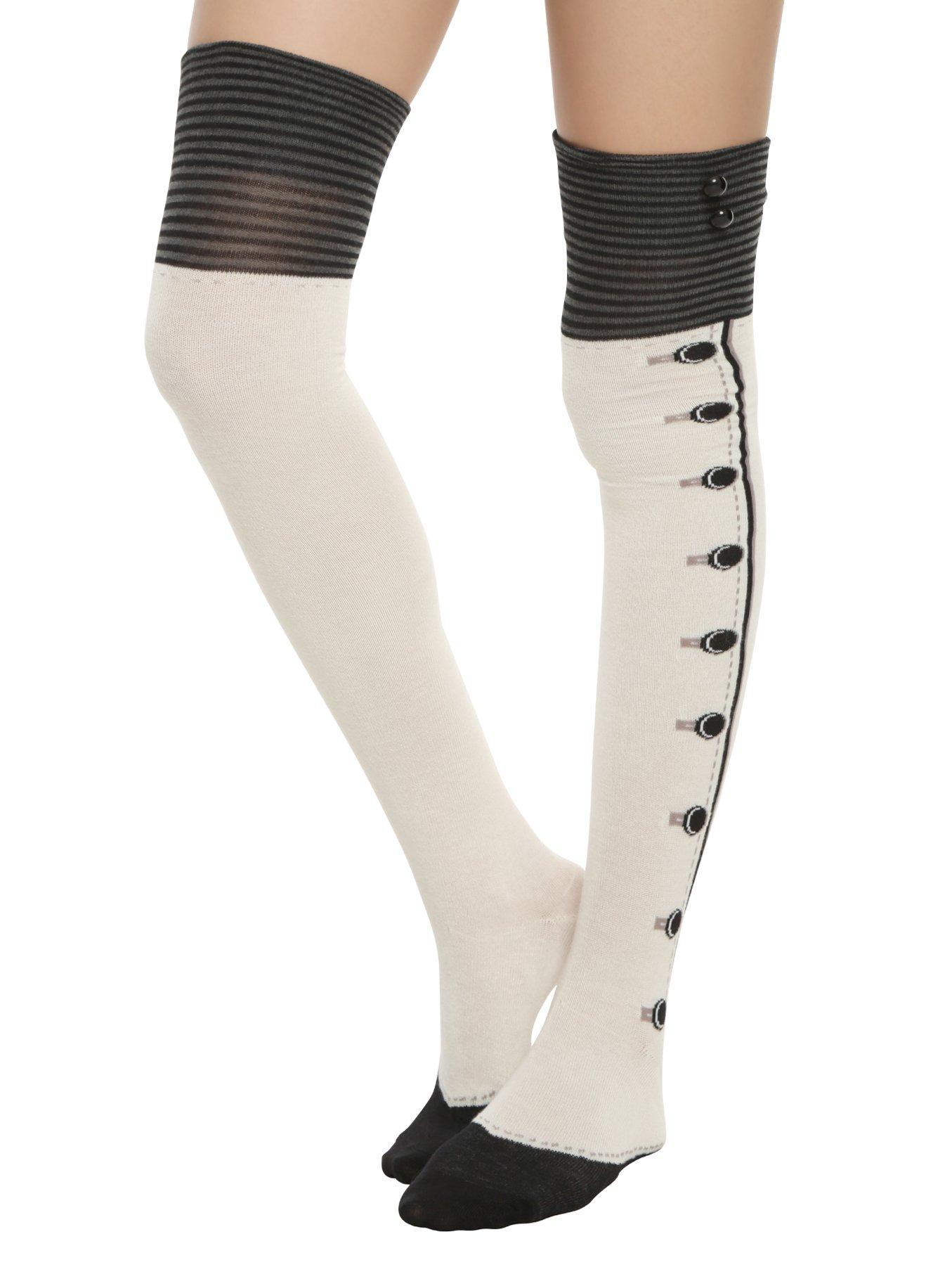 Black Cream Button Cuff Over-The-Knee Socks, , hi-res