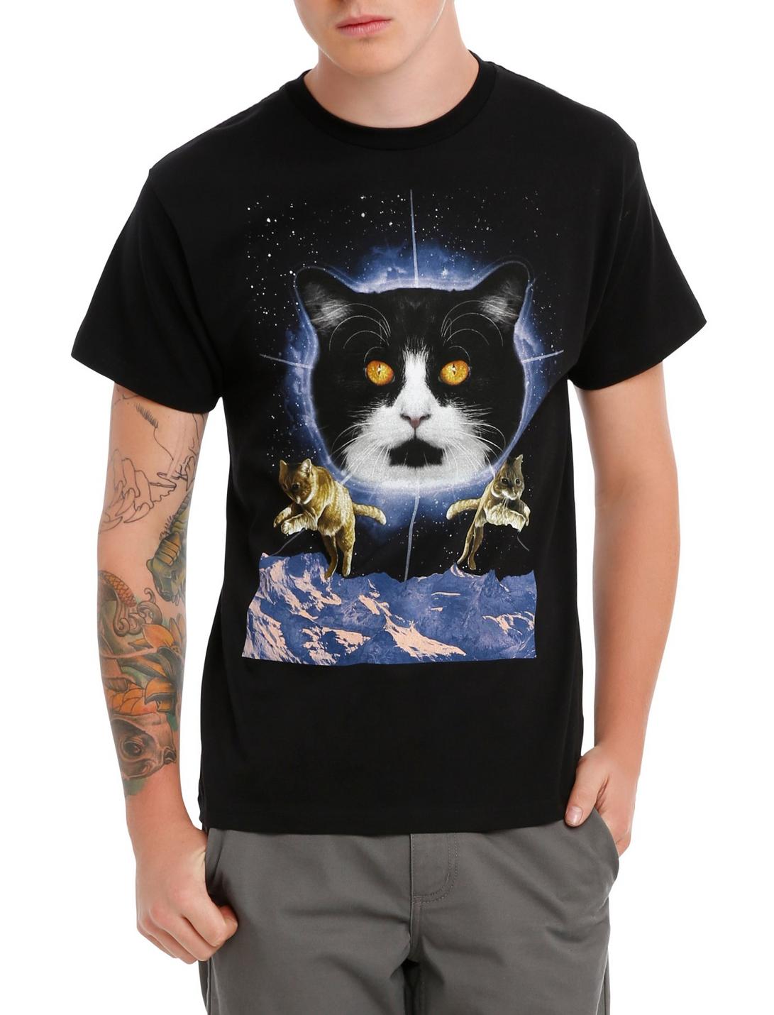 Mirrored Cats In Space T-Shirt, BLACK, hi-res