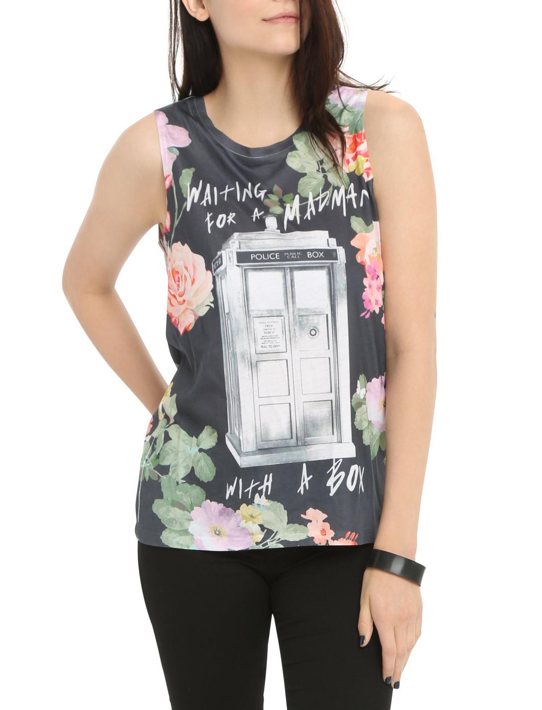 Doctor Who Floral Madman With A Box Sublimation Girls Muscle Top, BLACK, hi-res