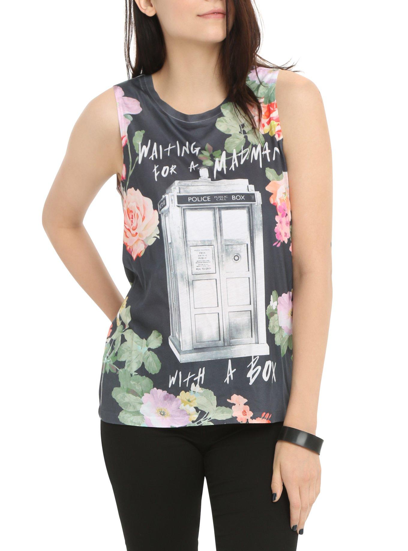 Doctor Who Floral Madman With A Box Sublimation Girls Muscle Top, BLACK, hi-res