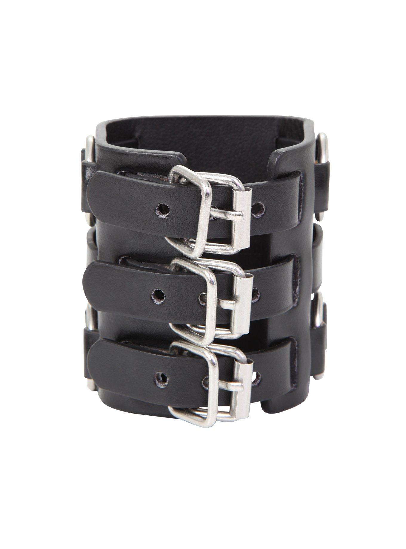 Wide Faux Leather 3 Buckle Cuff Bracelet, , hi-res