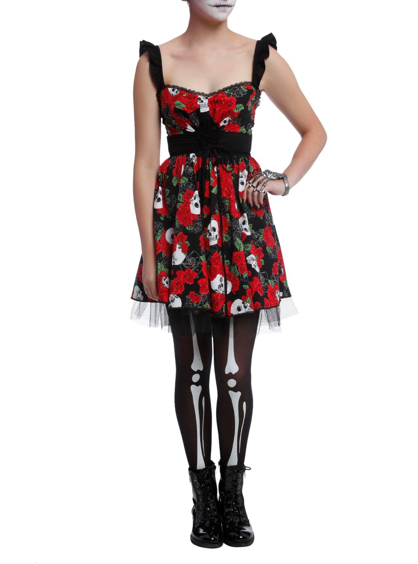 Day Of The Dead Lace-Up Dress, RED, hi-res