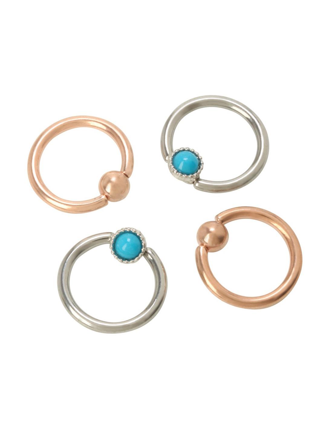 Steel Rose Gold Turquoise Stone Captive Hoop 4 Pack, TURQUOISE, hi-res