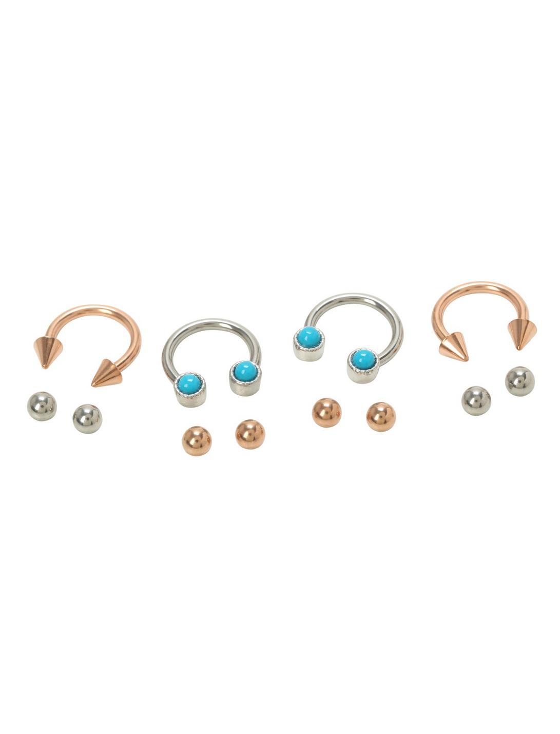 Steel Turquoise Stone Gold Tone Circular Barbell 4 Pack, TURQUOISE, hi-res