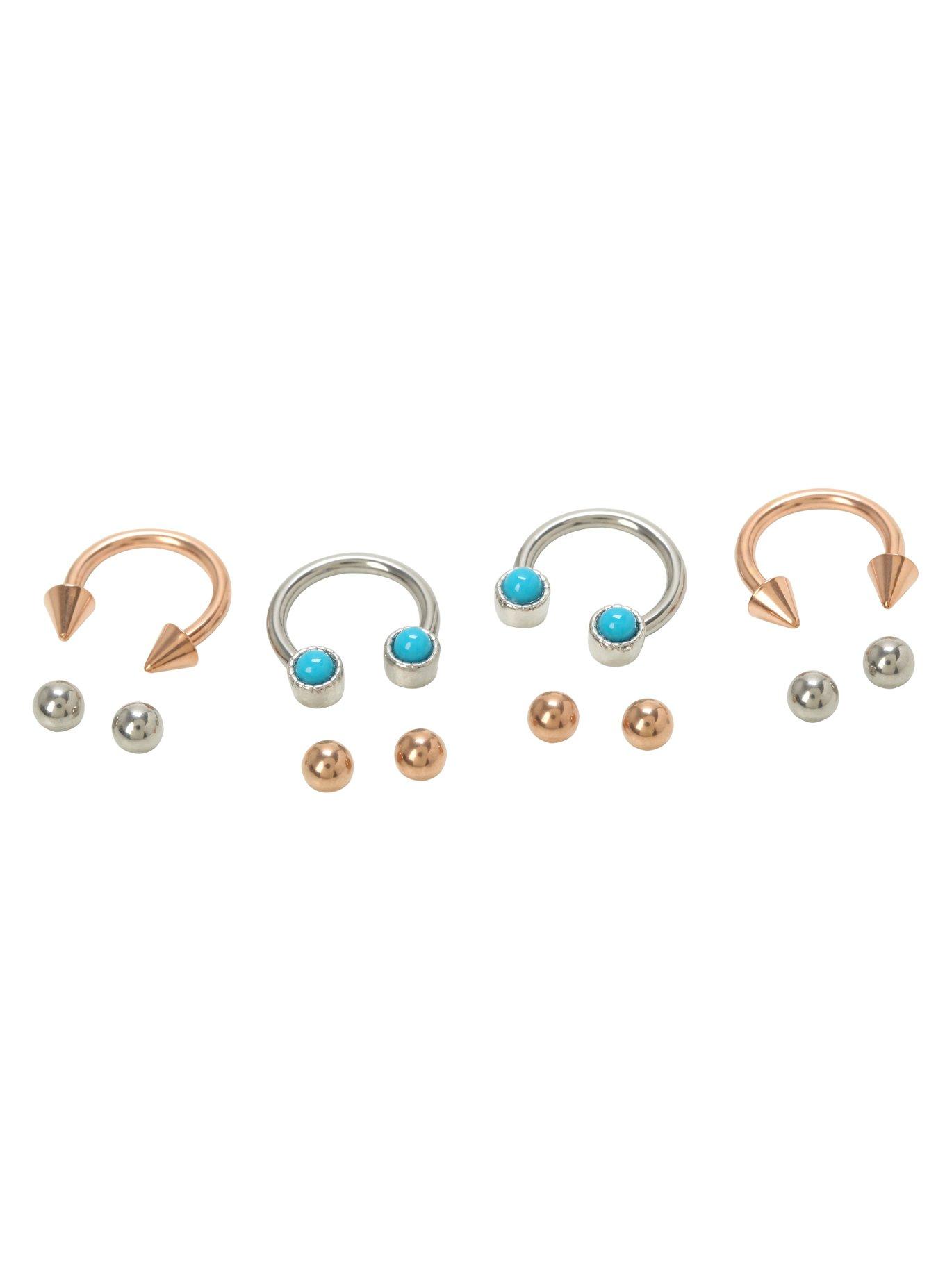 Steel Turquoise Stone Gold Tone Circular Barbell 4 Pack, TURQUOISE, hi-res