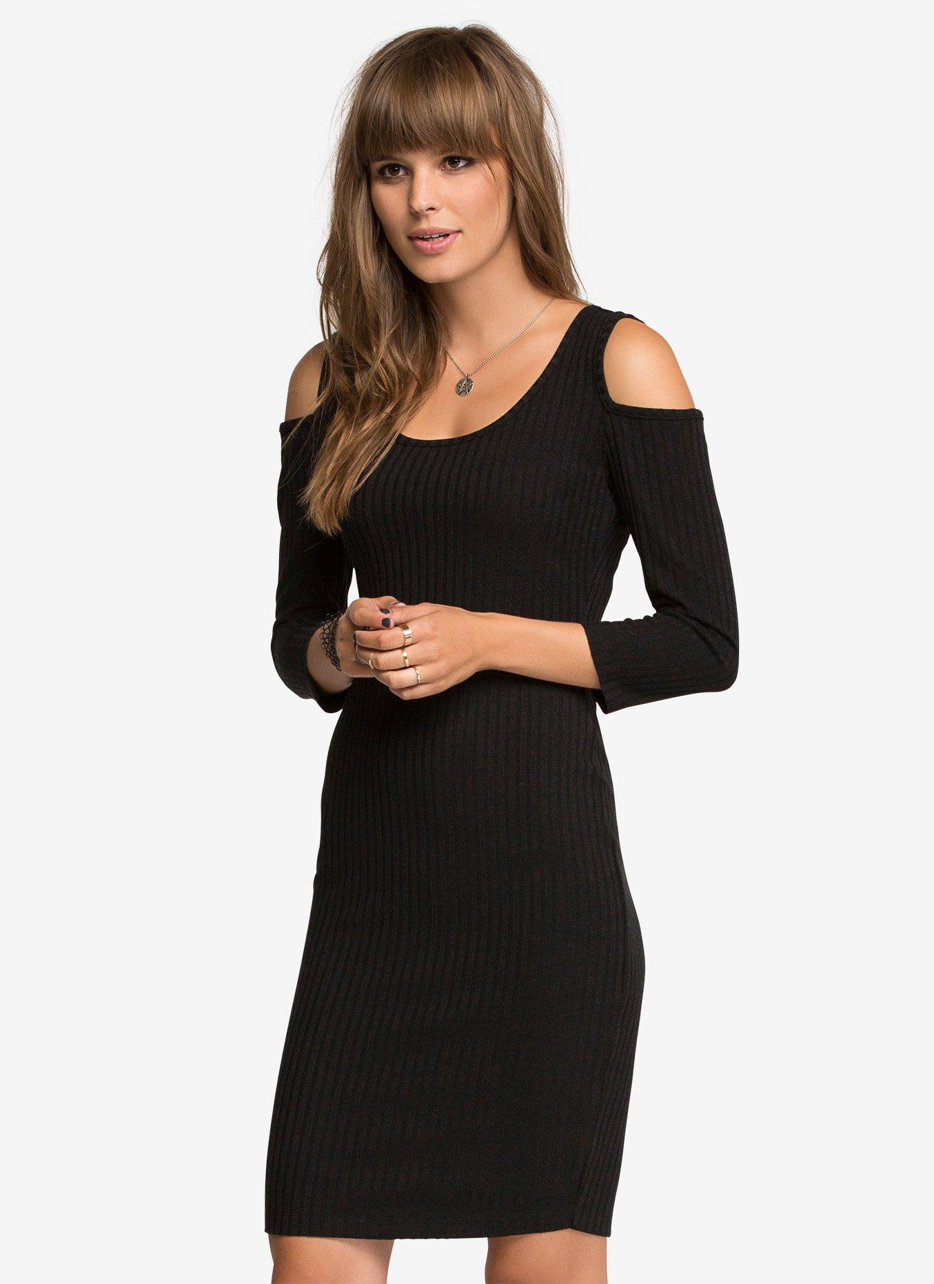 Cutout-Shoulder Sweater Dress, BLACK, hi-res
