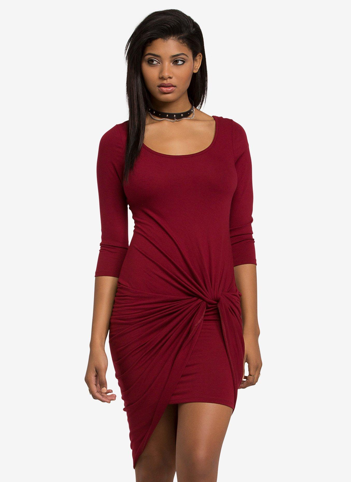 Twist Knot Midi Dress, BURGUNDY, hi-res