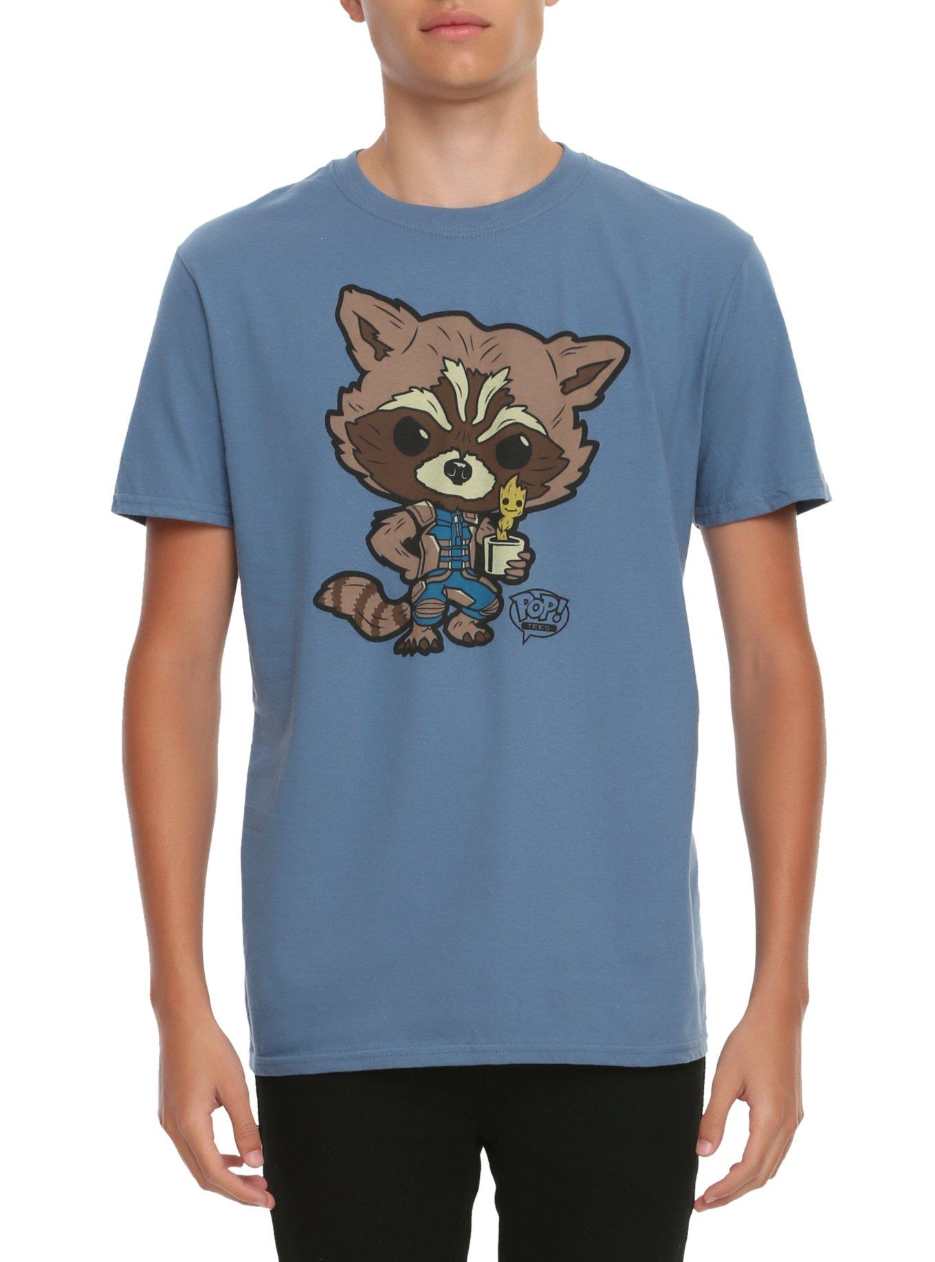 Funko Marvel Guardians Of The Galaxy Pop! Rocket Raccoon & Groot T-Shirt Hot Topic Exclusive, LIGHT BLUE, hi-res