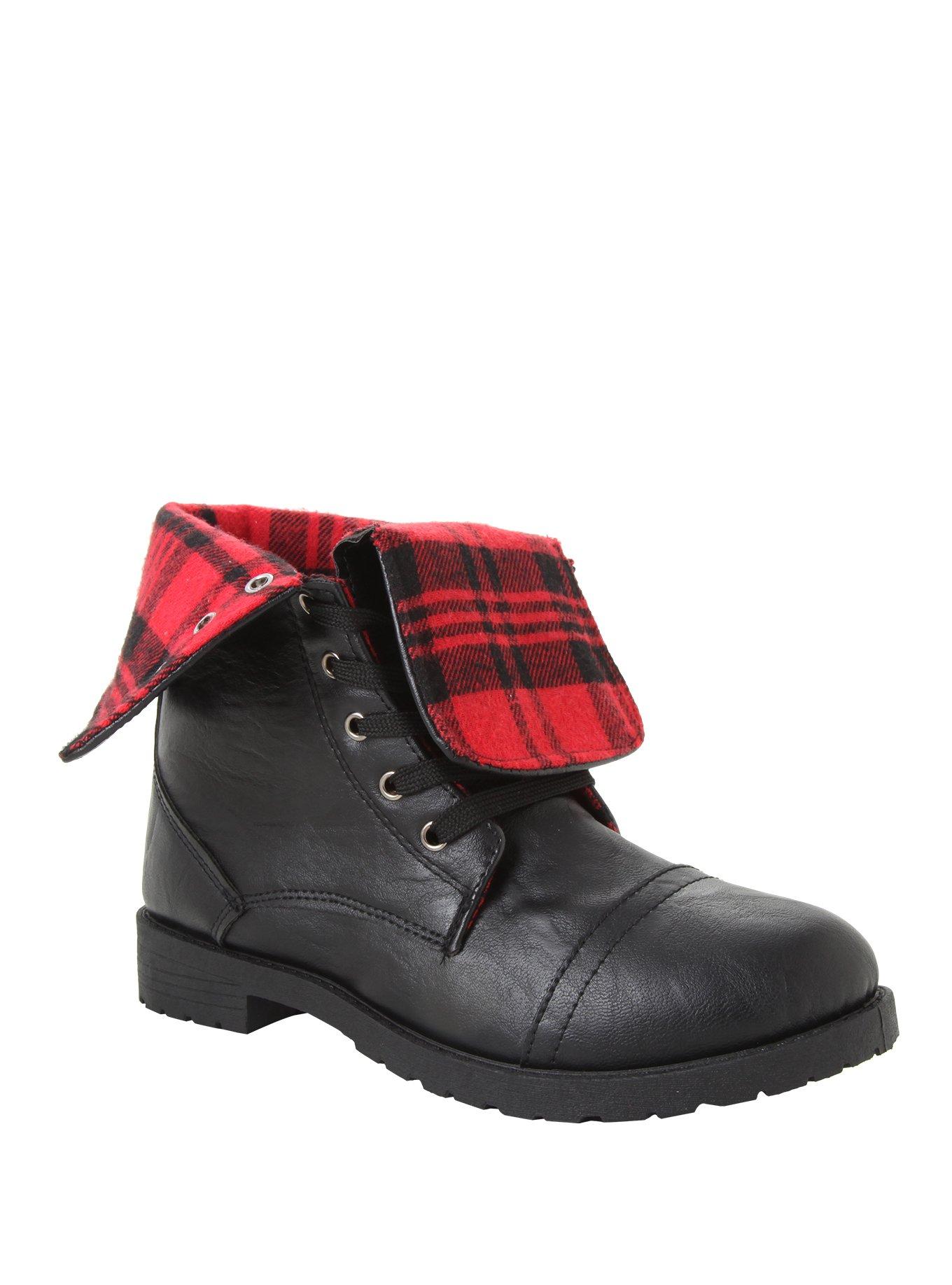 Black Red Plaid Lined Combat Boots, BLACK, hi-res