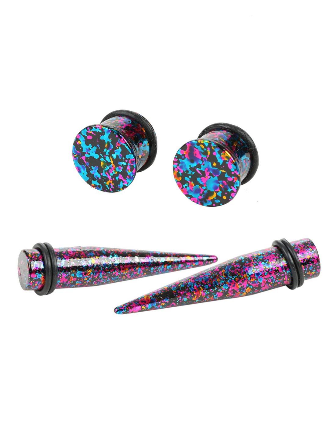 Acrylic Pink & Blue Metallic Splatter Taper & Plug 4 Pack, MULTI, hi-res
