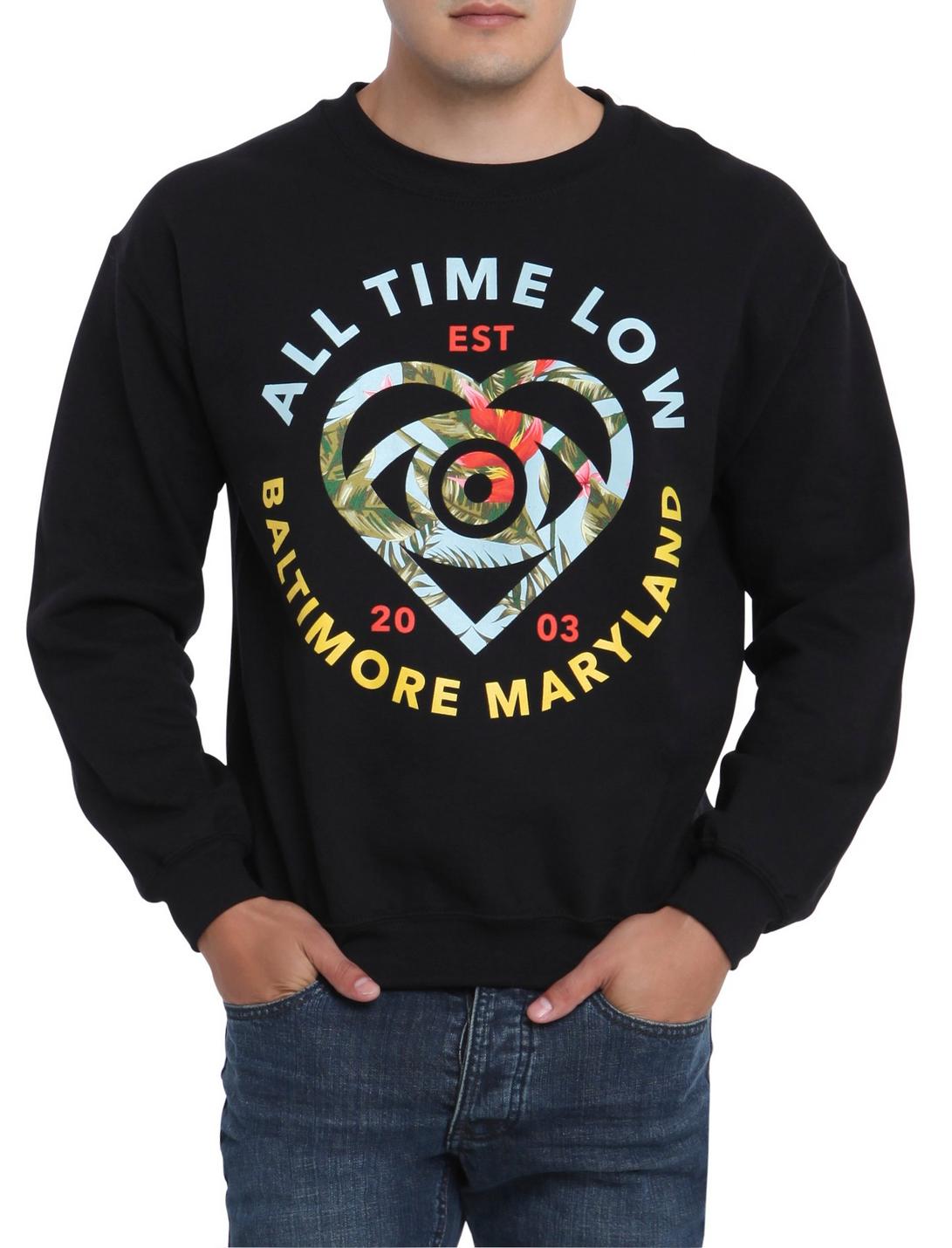 All Time Low Tropical Heart Eye Crew Pullover, BLACK, hi-res