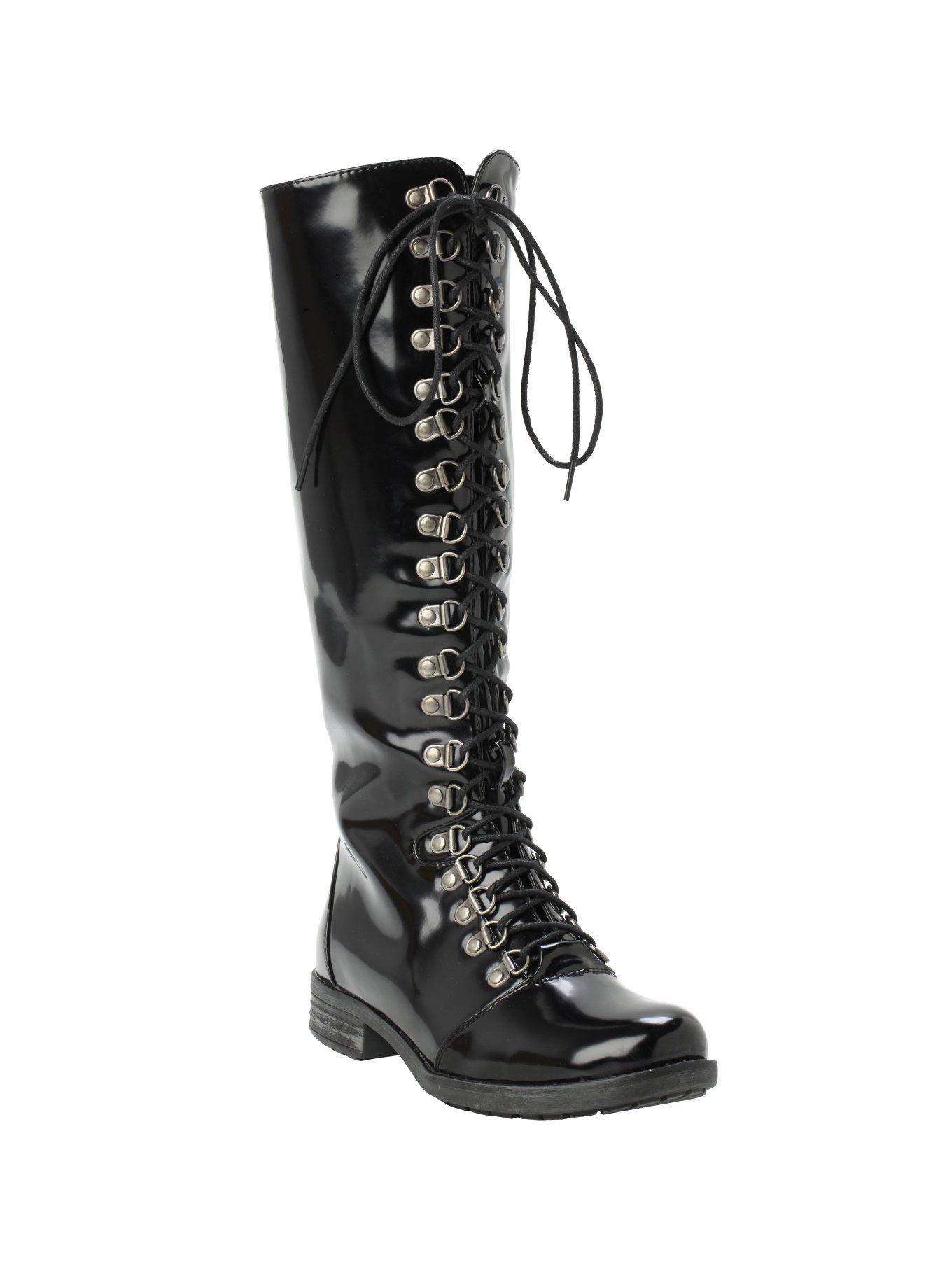 Black PU Lace-Up Combat Boots, BLACK, hi-res