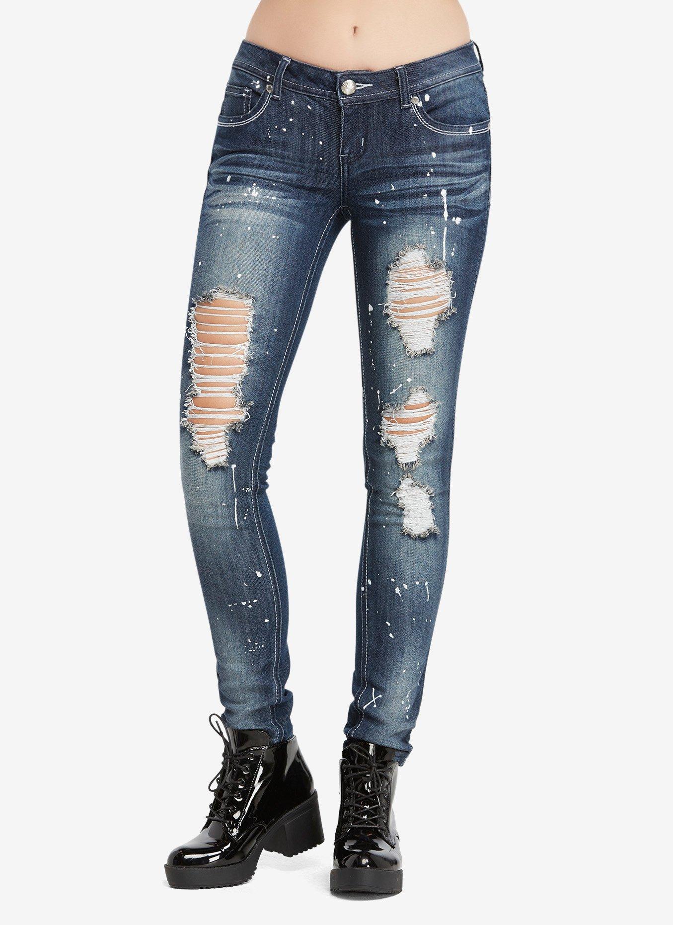 Dark Wash Distressed Splatter Skinny Jeans, DARK WASH, hi-res