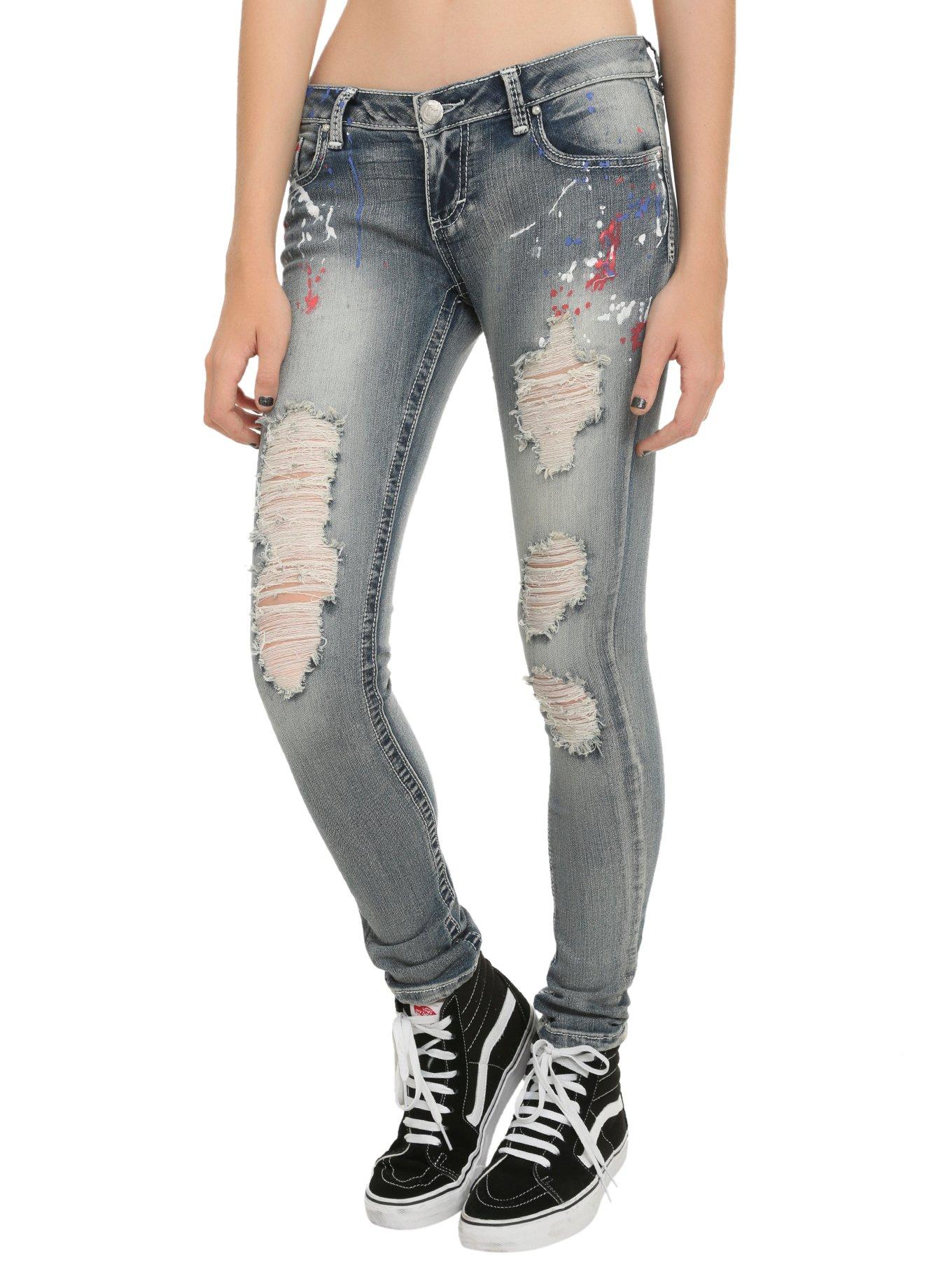 Medium Wash Distressed Paint Splat Denim Jeans, , hi-res