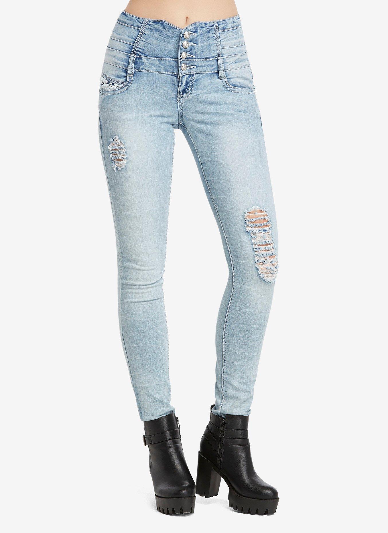 Light Wash Distressed High-Waisted Skinny Jeans, DARK WASH, hi-res