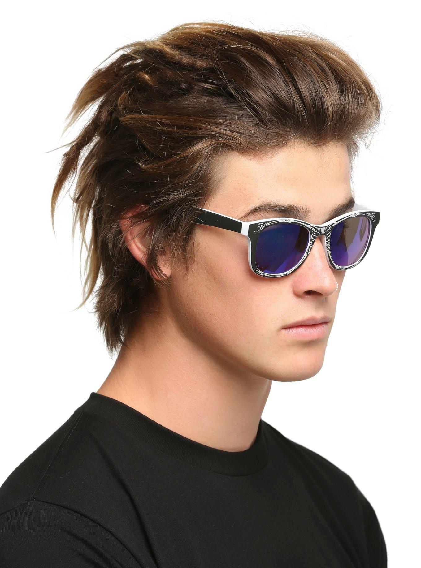 Etched Skeleton Smooth Touch Blue Flash Retro Sunglasses, , hi-res