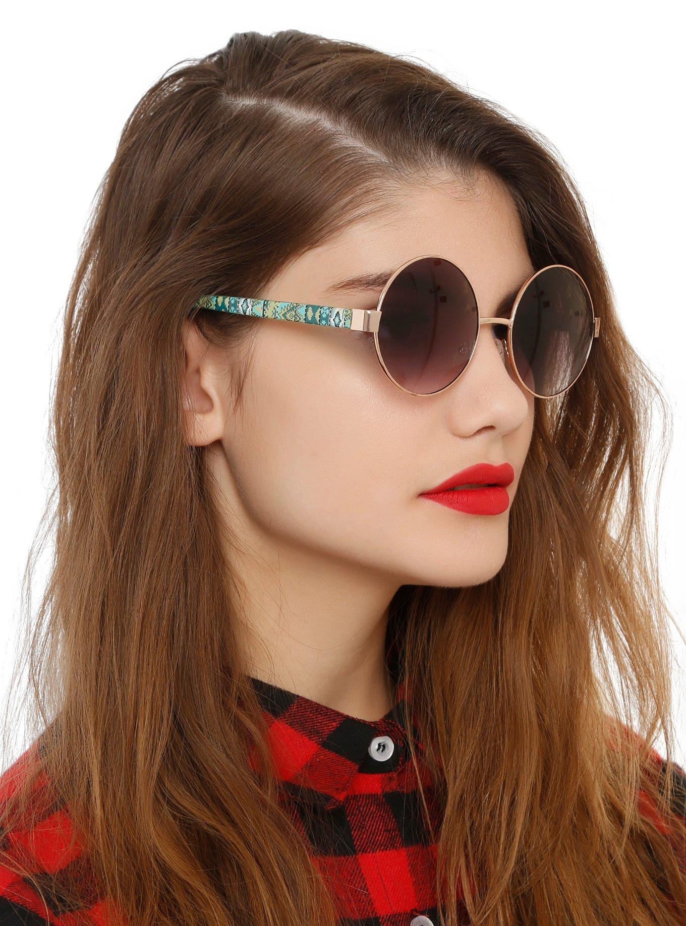 Gold & Seafoam Green Aztec Round Sunglasses, , hi-res