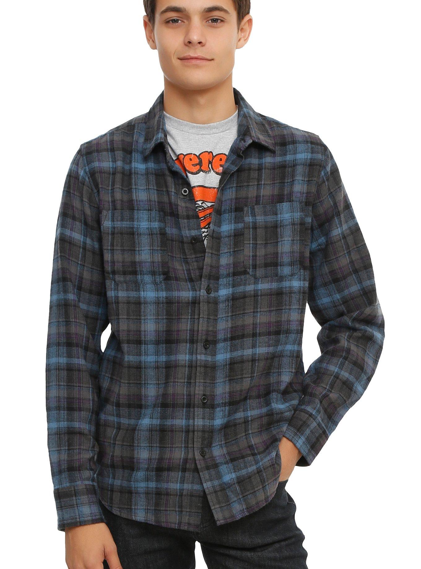 XXX RUDE Grey & Blue Plaid Woven Button-Up, BLACK, hi-res