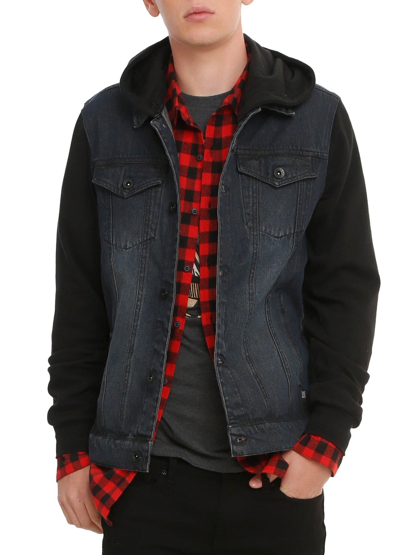 RUDE  Indigo Denim Black Fleece Hooded Jacket, BLACK, hi-res