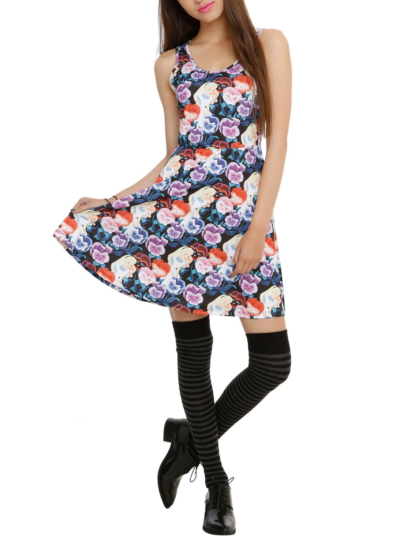 Disney Alice In Wonderland Pansies Print Dress, BLACK, hi-res