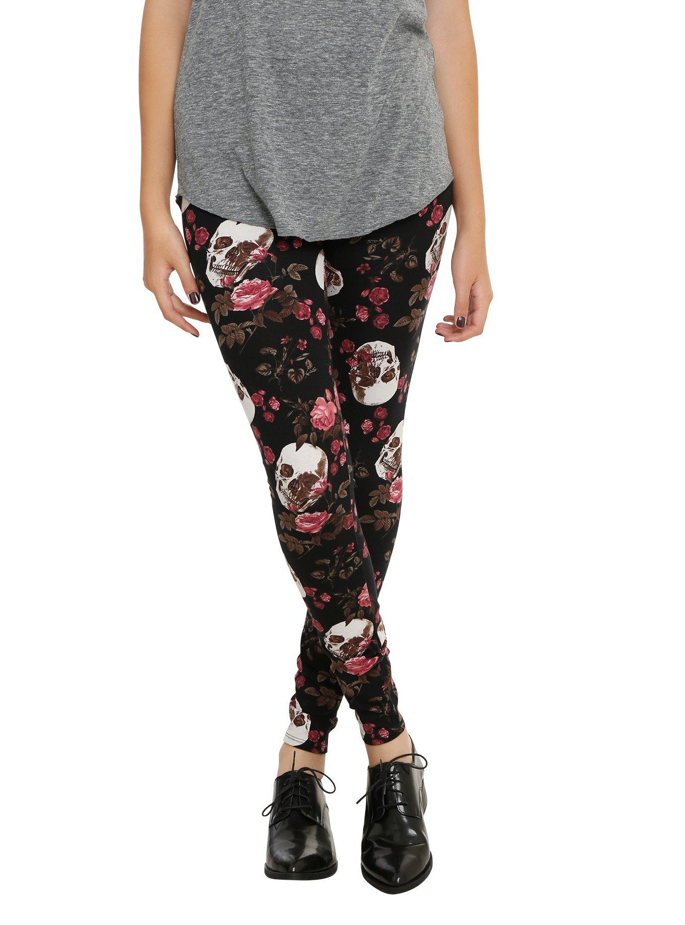 Floral Skull Leggings, BLACK, hi-res