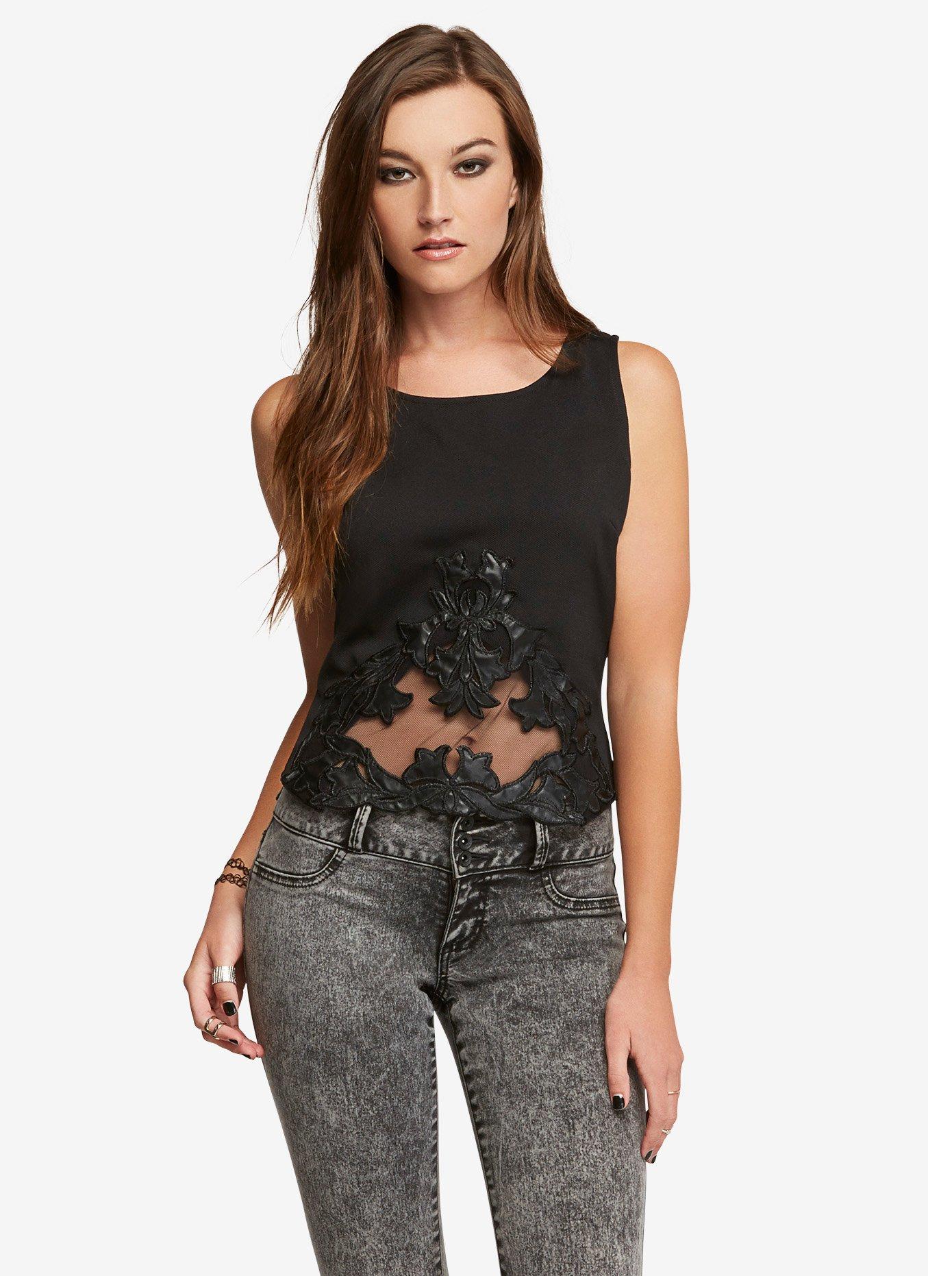 Lace Patch Crop Top, BLACK, hi-res