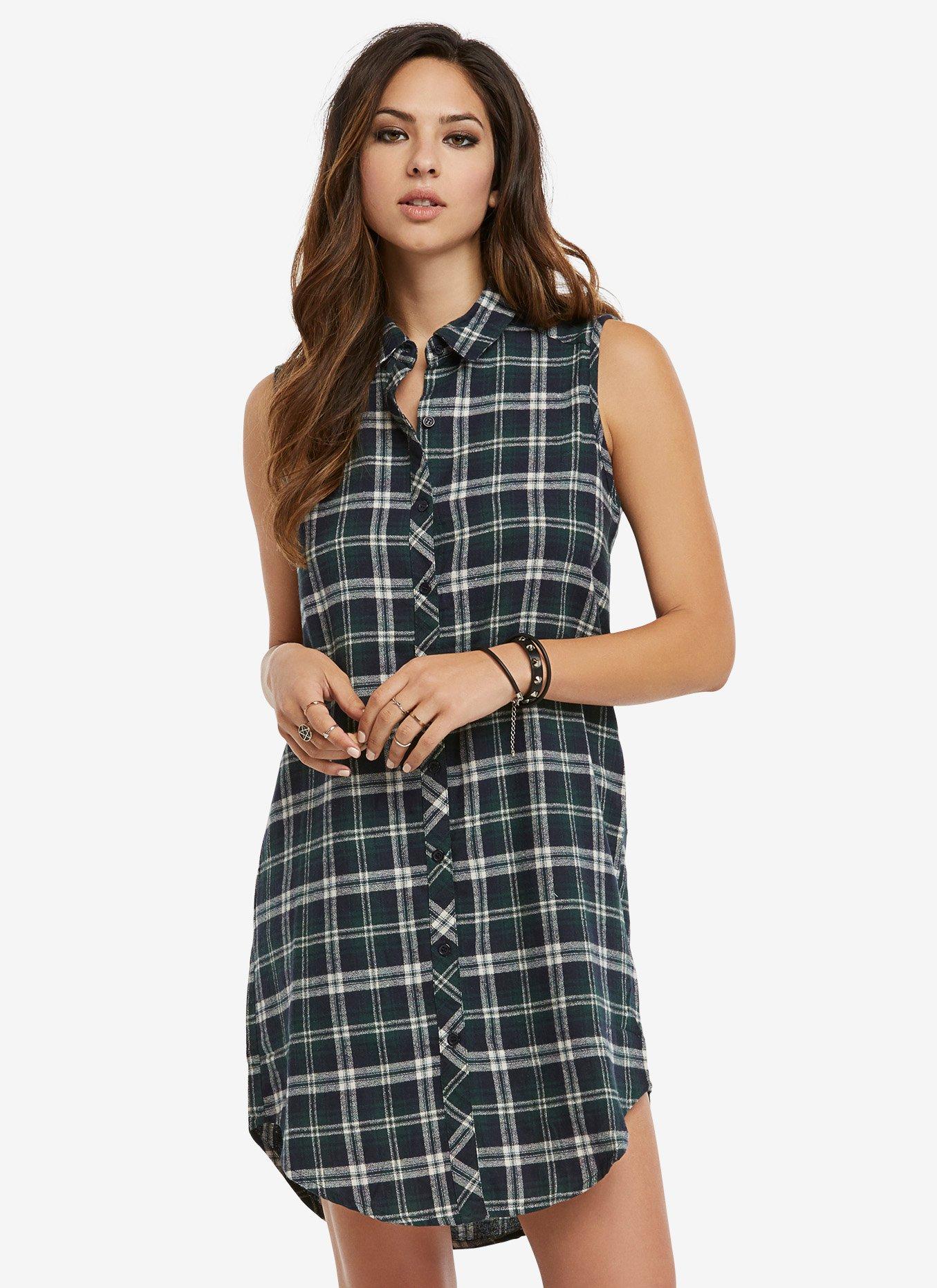 Plaid Button-Up Dress, GREEN, hi-res