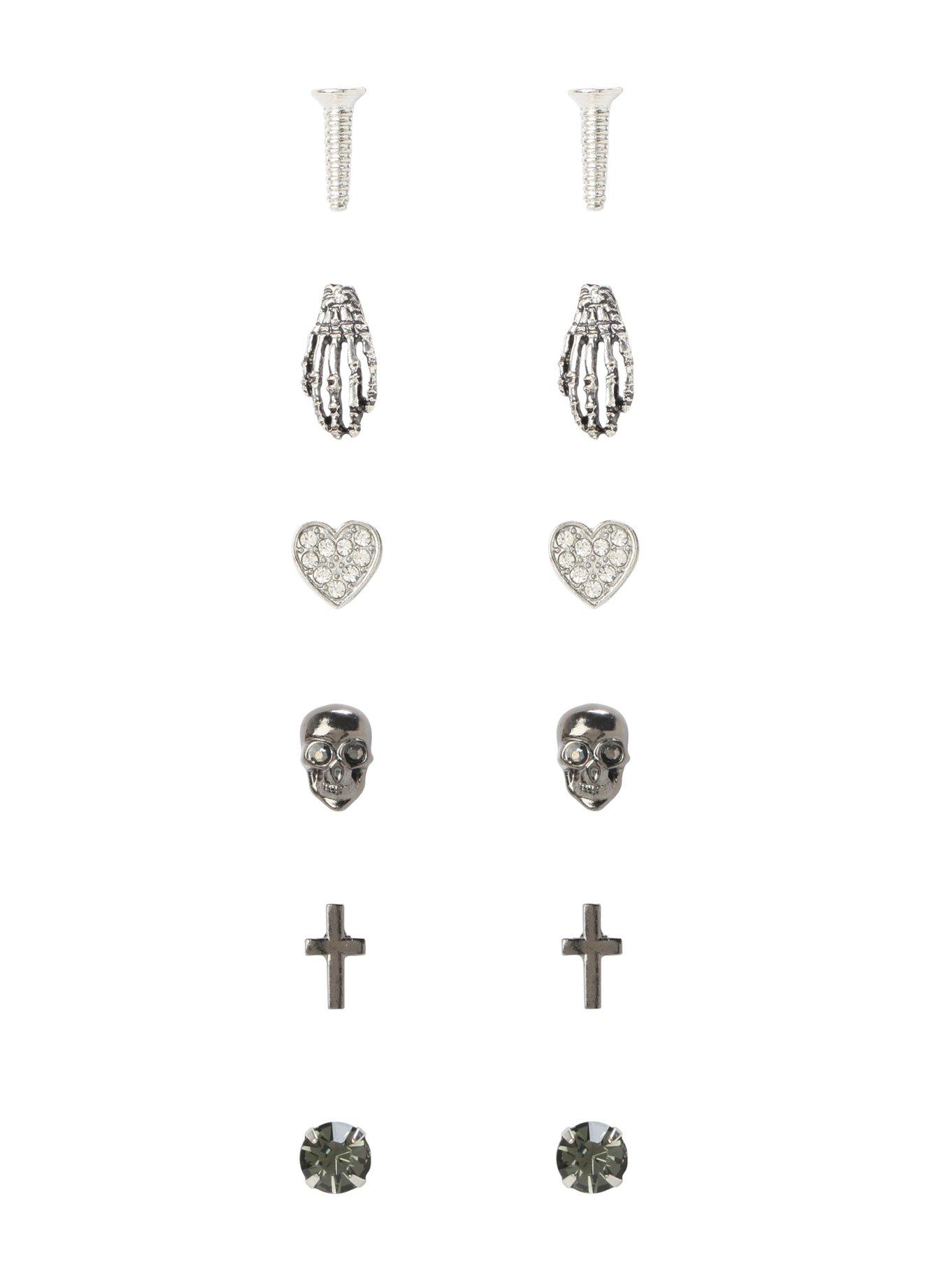 LOVEsick Skull Heart Screw Earrings 6 Pair, , hi-res