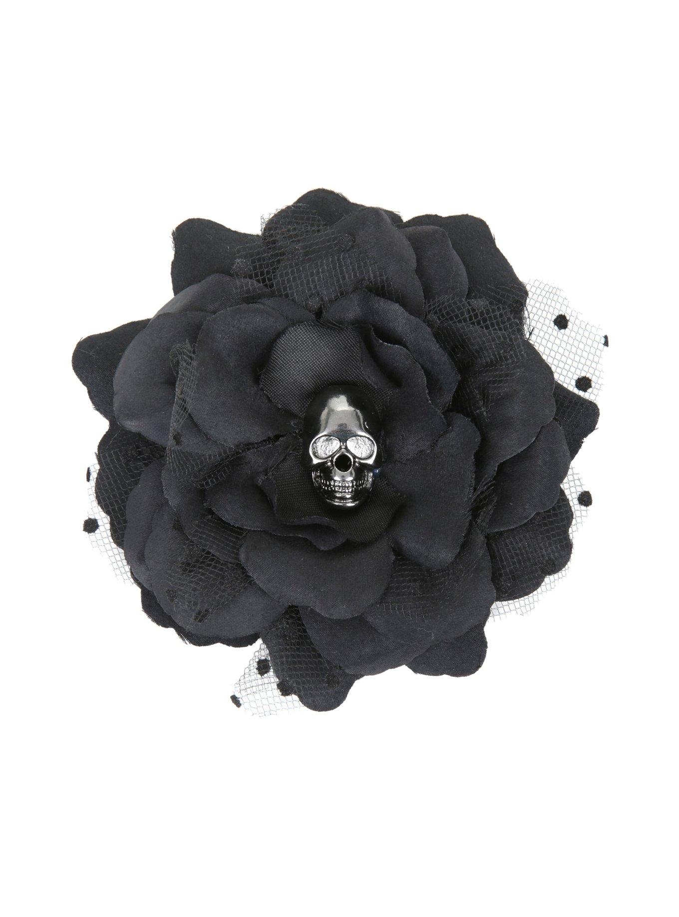 LOVEsick Black Skull & Lace Rose Hair Clip, , hi-res