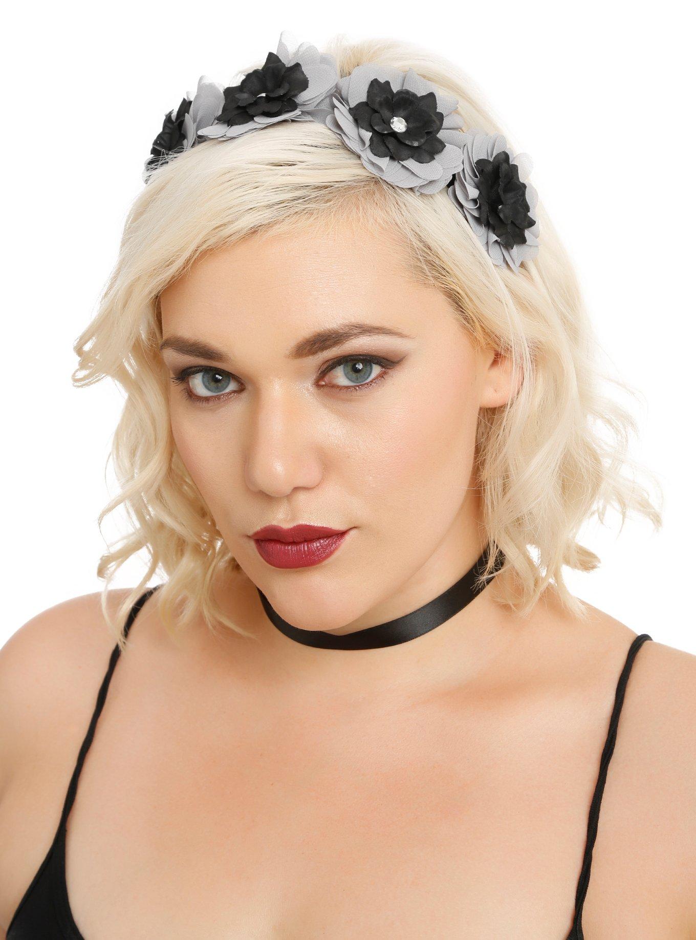 Grey & Black Flower Stretchy Headband, , hi-res