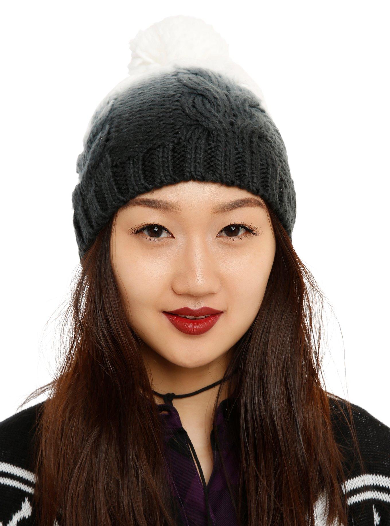 Black & White Ombre Cable Knit Pom Beanie, , hi-res