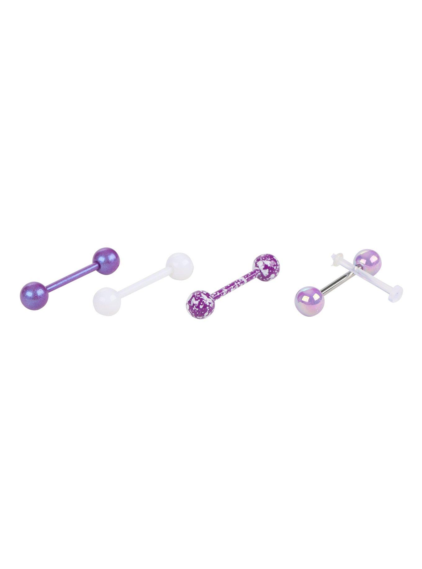 14G Steel Purple & White Splatter Tongue Barbell 5 Pack, , hi-res