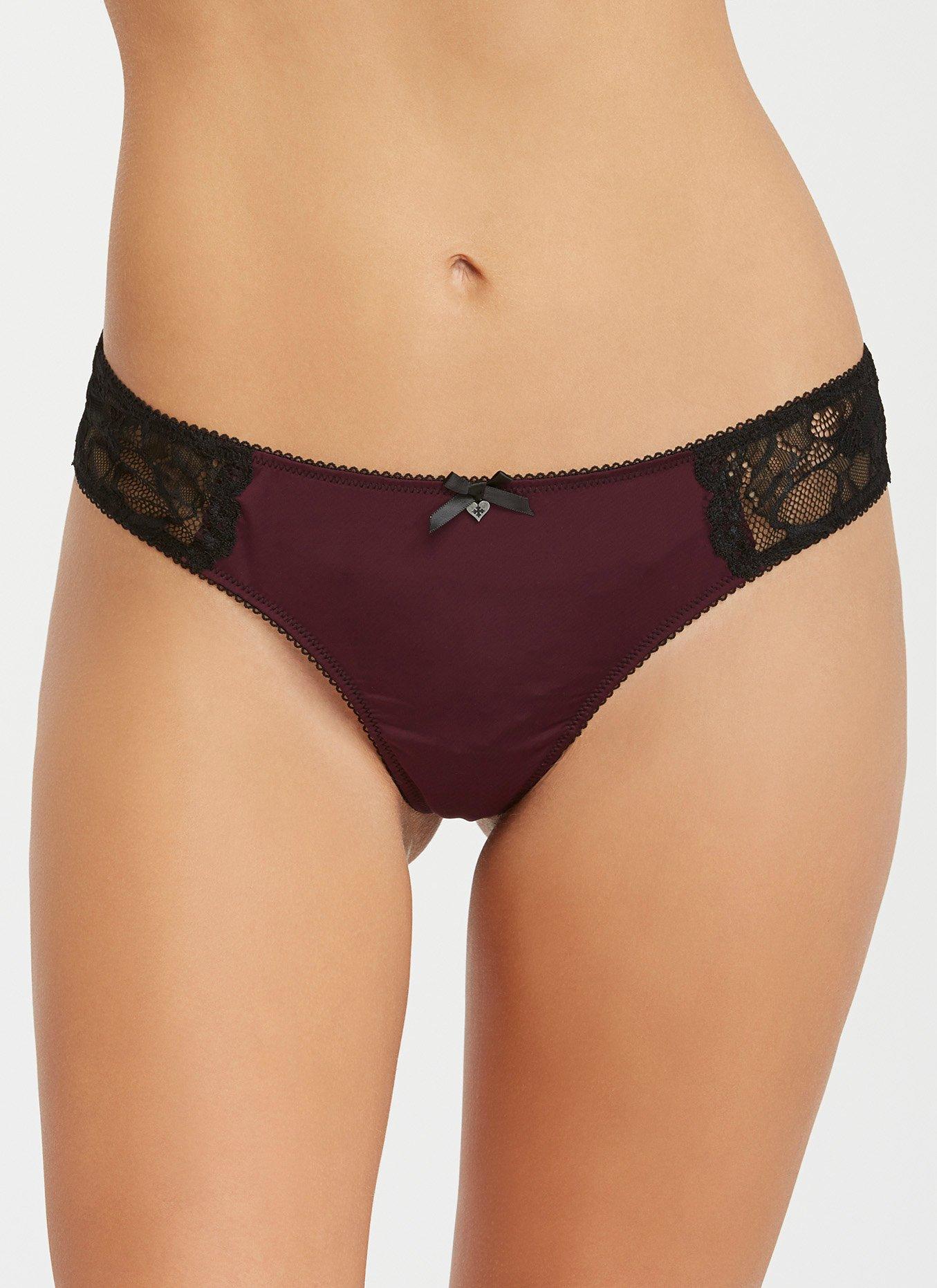 Microfiber and Lace Thong Panty - Black